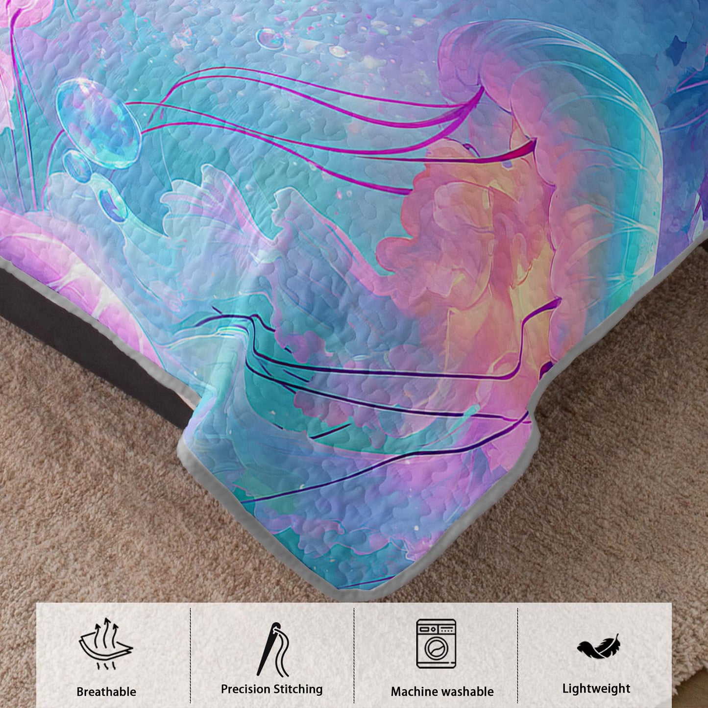 AILONEN Full Quilted Comforter 3-Piece Set Magenta Jellyfish Bedspread Coverlet 2 Pillowcases Soft Cyan Marine Bedding for Teens Guest Apartment Underwater Ethereal Aquatic Sea Glow