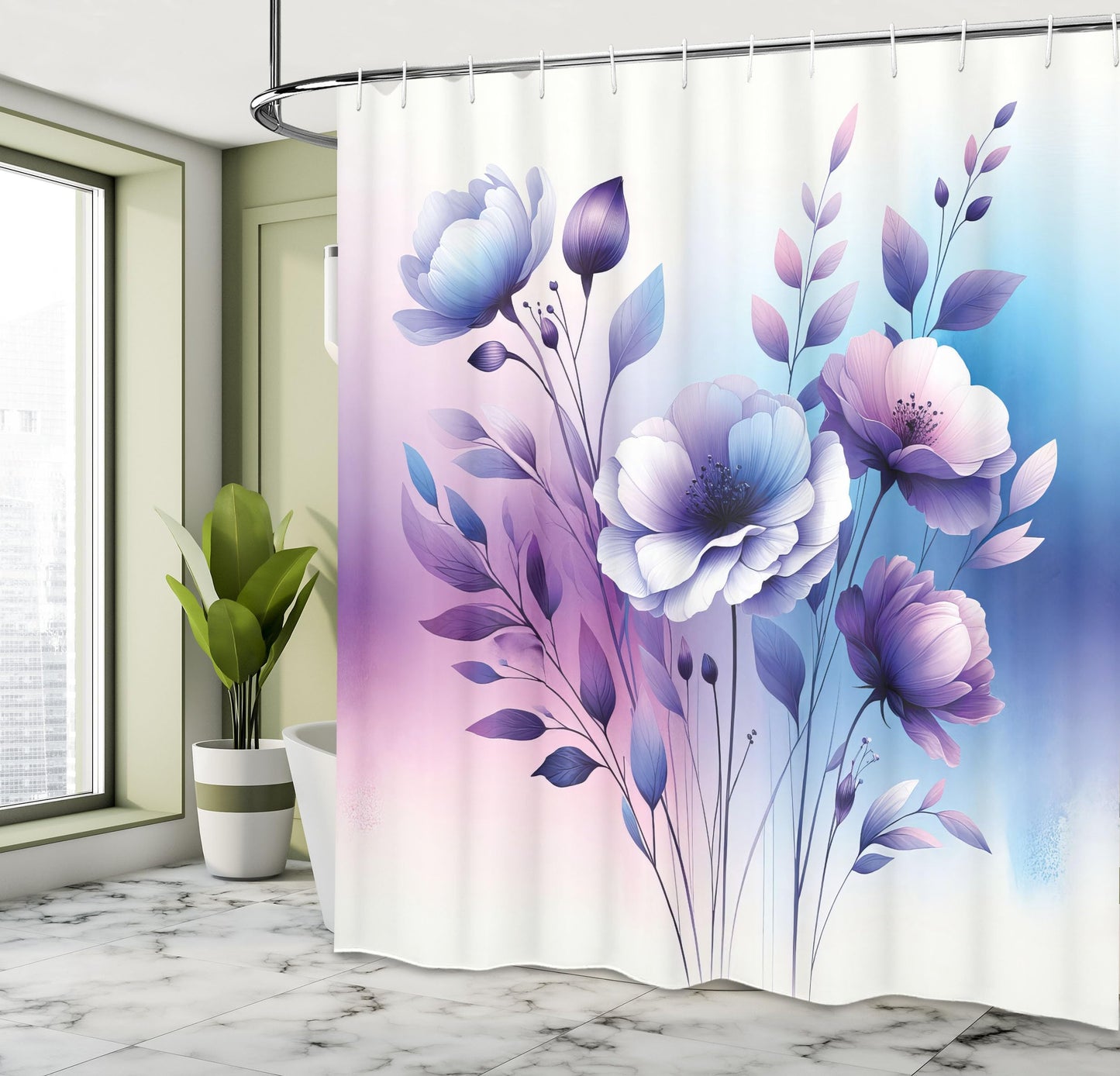 Ambesonne Purple Shower Curtain, Simple Spring Poppy Flowers with Tender Leaves in a Dreamy Color Palette, Cloth Fabric Bathroom Decor Set with Hooks, 69" W x 70" L, Sea Blue Lilac Indigo