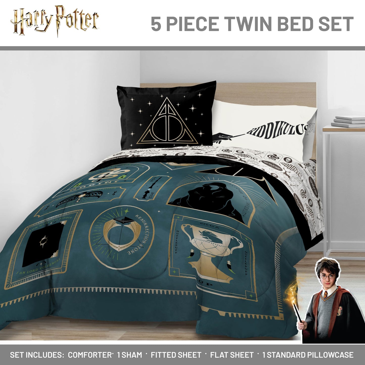 Jay Franco Kids Comforter Set Includes Sheets and Pillow Covers - Soft and Cozy Bed Set for Stylish Room Decor, Blue - Harry Potter, 5 Piece Twin Size Bedding