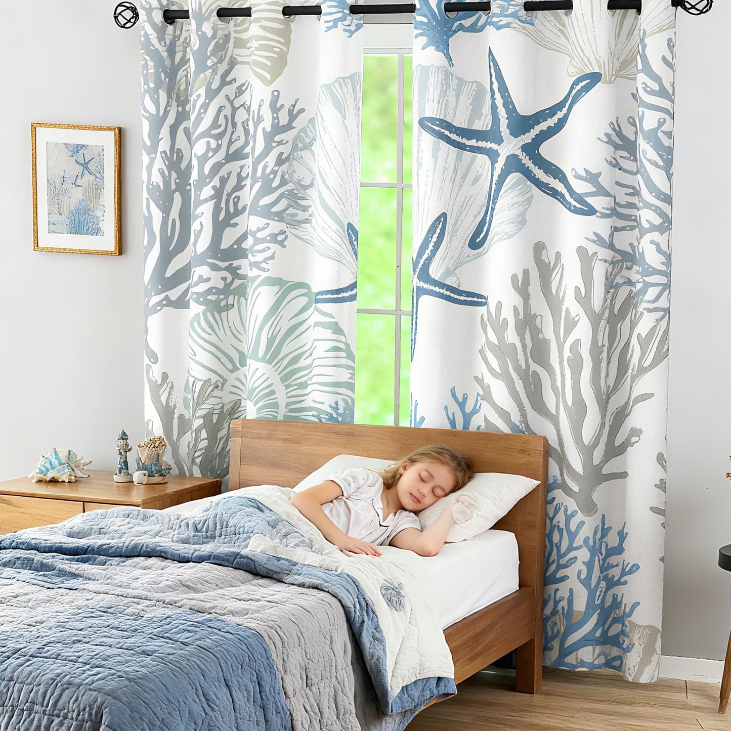 Sanzugh Coastal Beach Blackout Curtains 84 Inch Long 2 Panels Set, Blue Nautical Ocean Beachy Black Out Patterned Printed Window Curtain for Bedroom Living Room, Seashell Coral Grommet Window Drapes