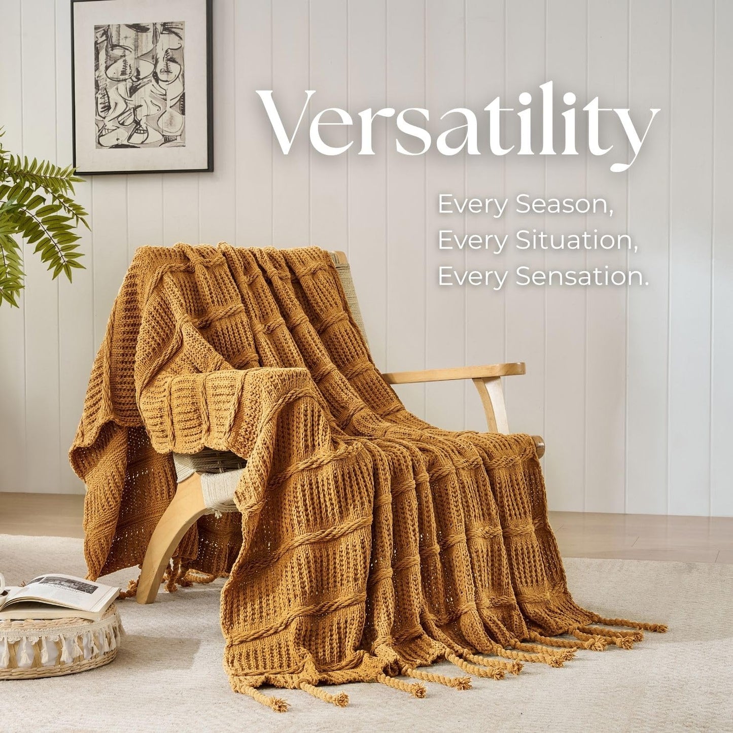 Boho Knitted Chenille Blanket with Tassels - Lightweight & Soft All-Season Throw - 3D Classic Pattern for Living Room Bedroom Couch, Amber Brown, Queen 90"x90"