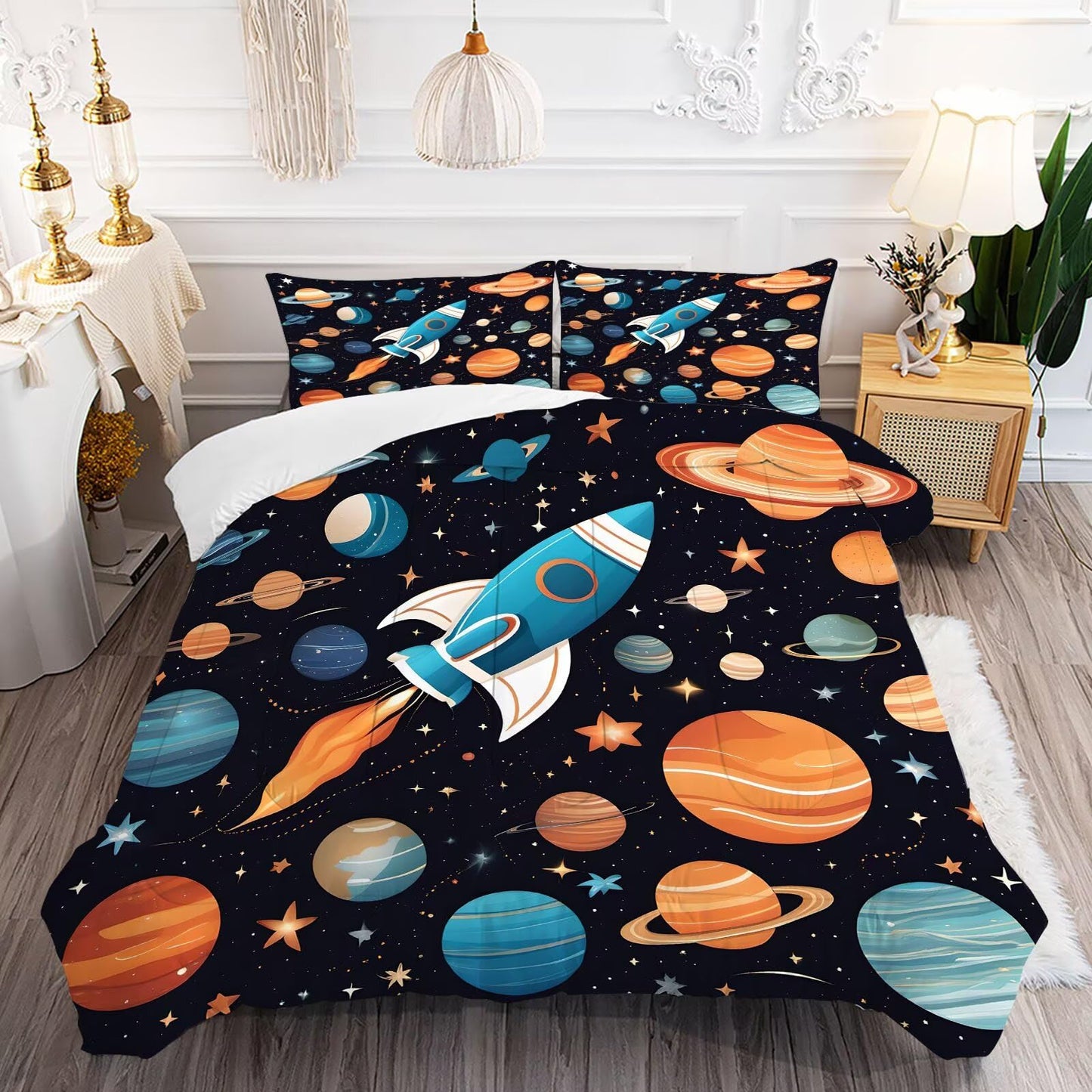 DJNEAR Space Rocket Comforter Set Full Size Galaxy Bedding Sets for Kids Boys Girls Teens Adults Bedroom Universe Stars Planets Quilt 1 Comforter 2 Pillowcases
