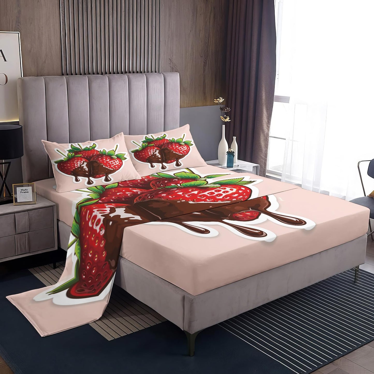 Rejkxyw King Size Sheets Set Cartoon Strawberry - Fruit Bed Sheets - Strawberries Sheet Set - 12 Inch Deep Pocket - Ultra Soft Winkle Free Microfiber Bedding Sheets & Pillowcases 4 Piece