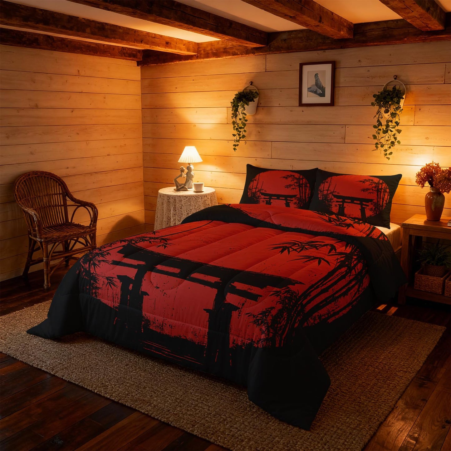 TANCAPRIUM Japanese Torii Comforter Set Queen - Red Sun Bedding Set & 2 Pilow Cases for All Season - Soft Reversible Down Alternative 3 Piece. Asian Bedrom Decor