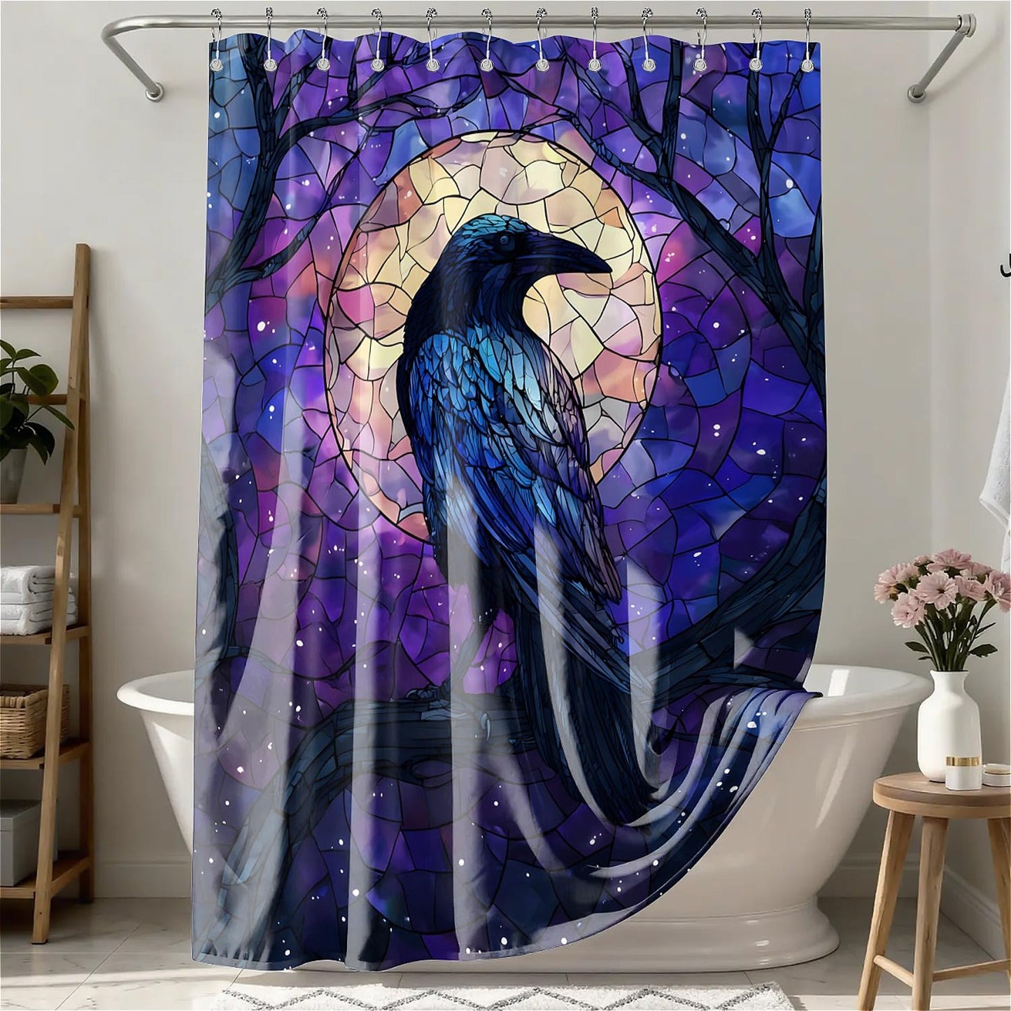 TANGXUNFA Blue and Black Raven Shower Curtain for Bathroom, Water-Resistant Long Shower Curtain Set 72x72 Inch with Metal Grommets and 12 Metal Hooks