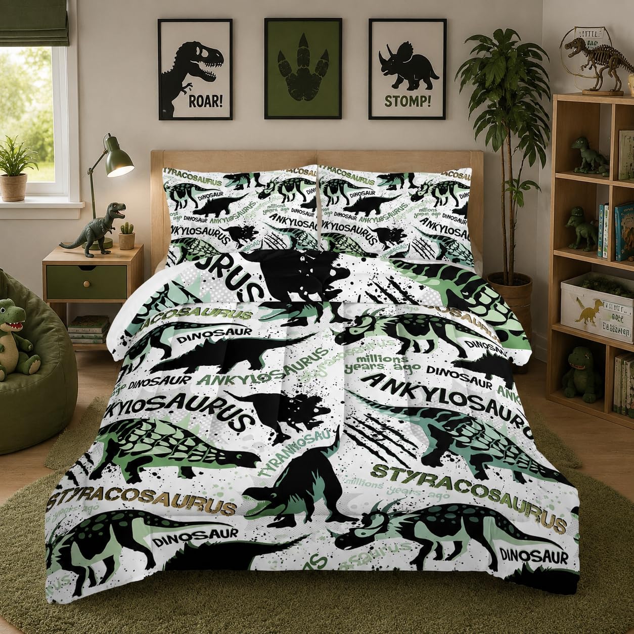 Nttopship Cartoon Dinosaur Comforter Sets 3 Pieces, Cute Animal Printed Bedding Sets for Boys Kids Adults Room Decor Comforter and 2 Pillowcases(Dinosaur Twin)