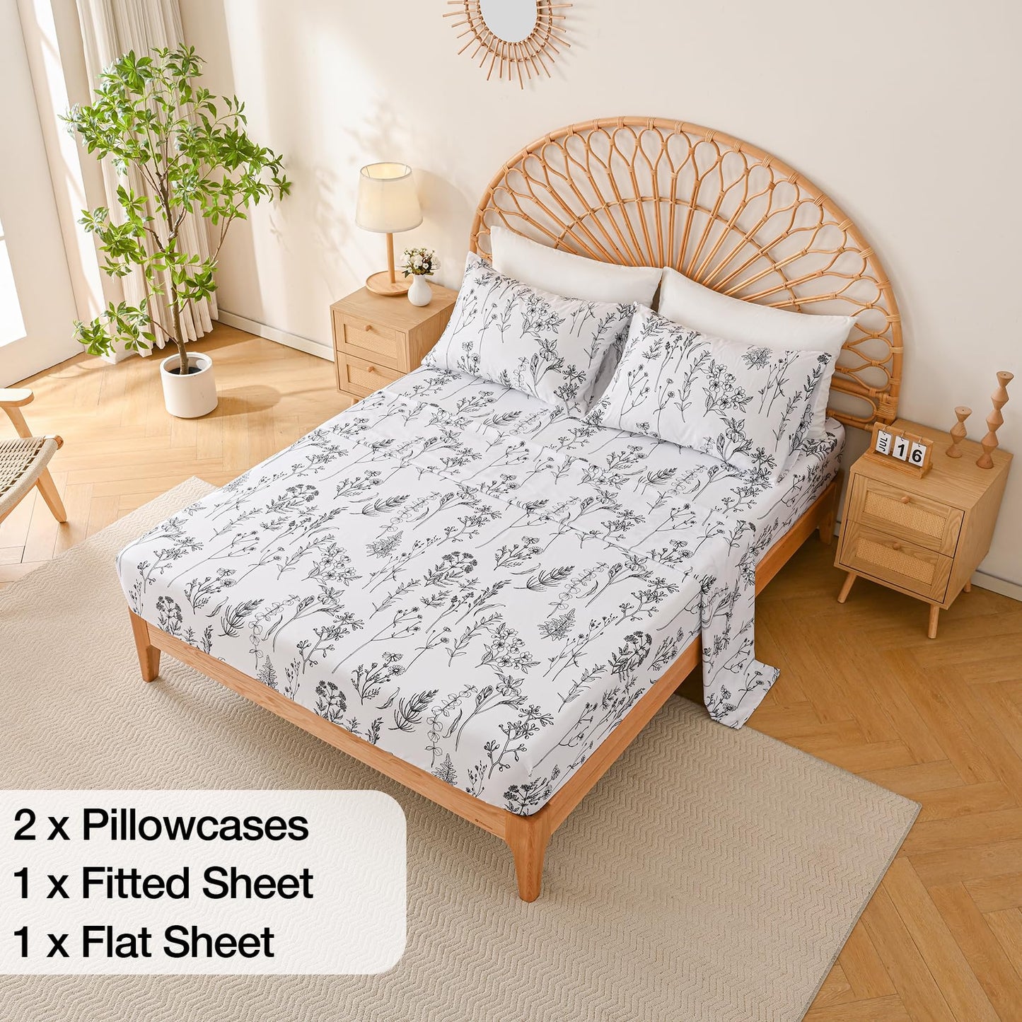 Yibeizi Floral Printed Sheet Set Queen, Boho Botanical Rustic Pattern Bed Sheets Microfiber Bedding Sheets & Pillowcases Soft 15" Extra Deep Pocket Fitted Bedsheet 4 Piece