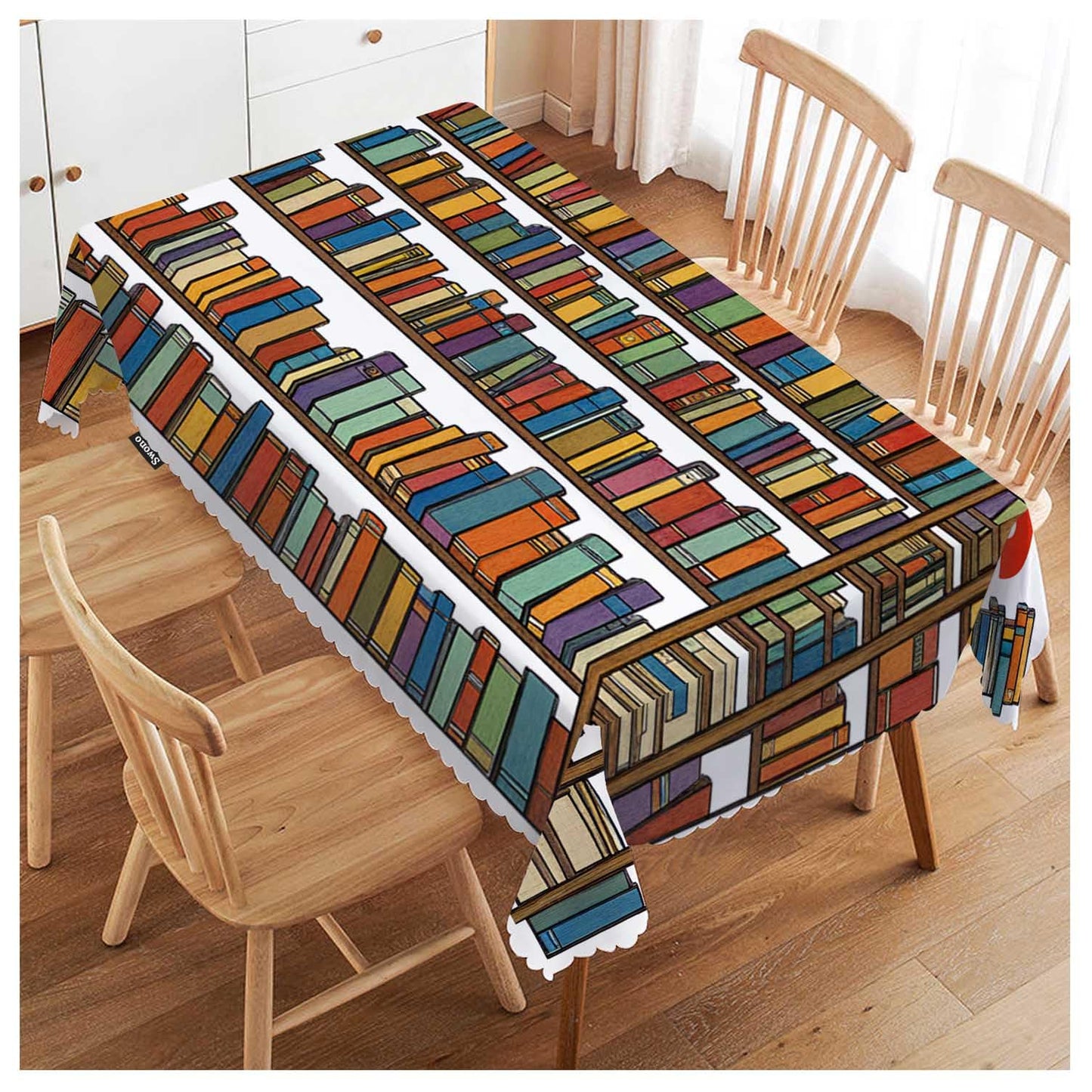 Swono 52x70 Inch Bookshelf Tablecloth Library Bookshelves Books and Ladder Farmhouse Dining Table Cloth Anti-Stain Talking Table Cover for Kitchen Dinning Room Coffee Store