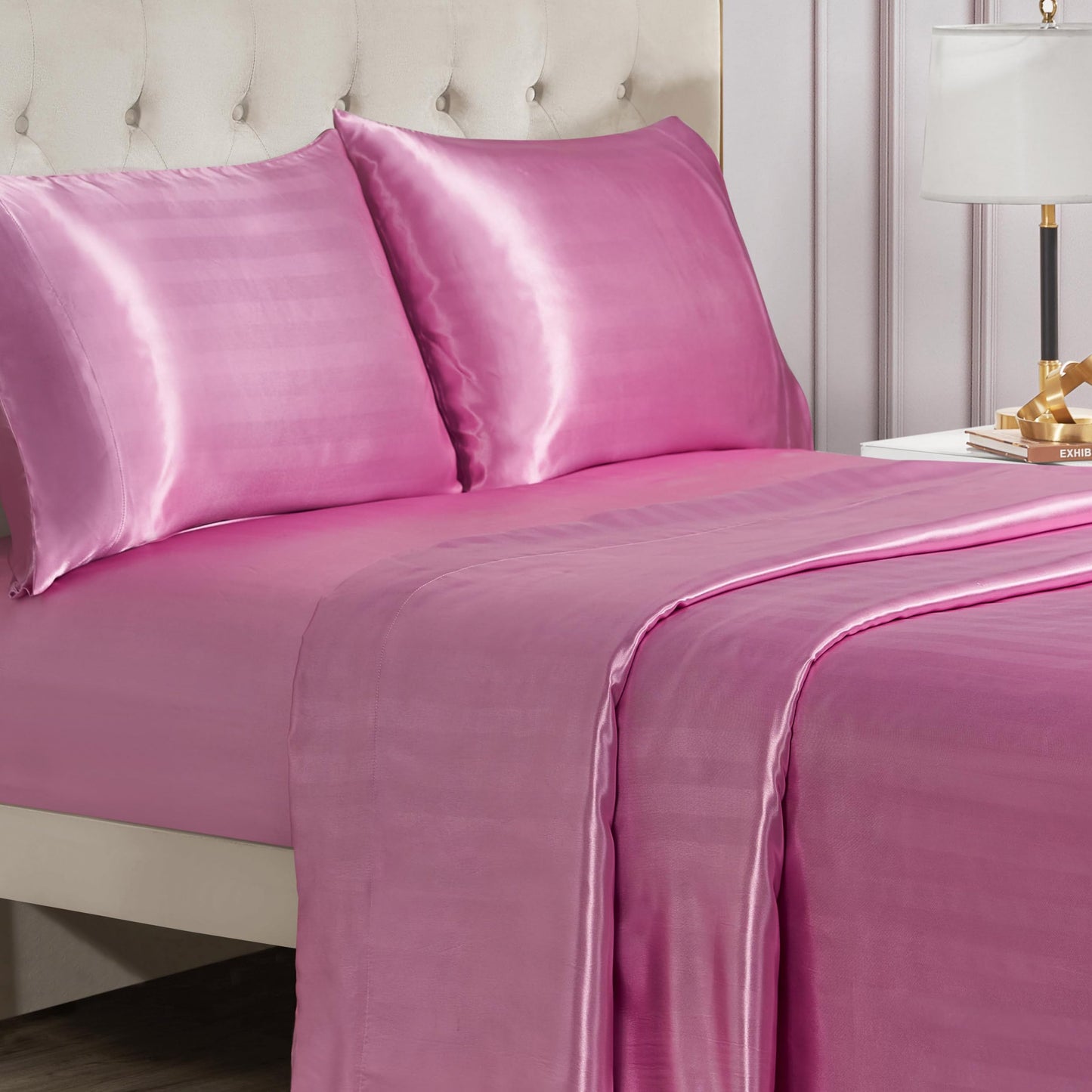 Juicy Couture Silky Satin Damask Sheet Set - Luxury Pink Bedding - Smooth Striped Sheets - Full Size