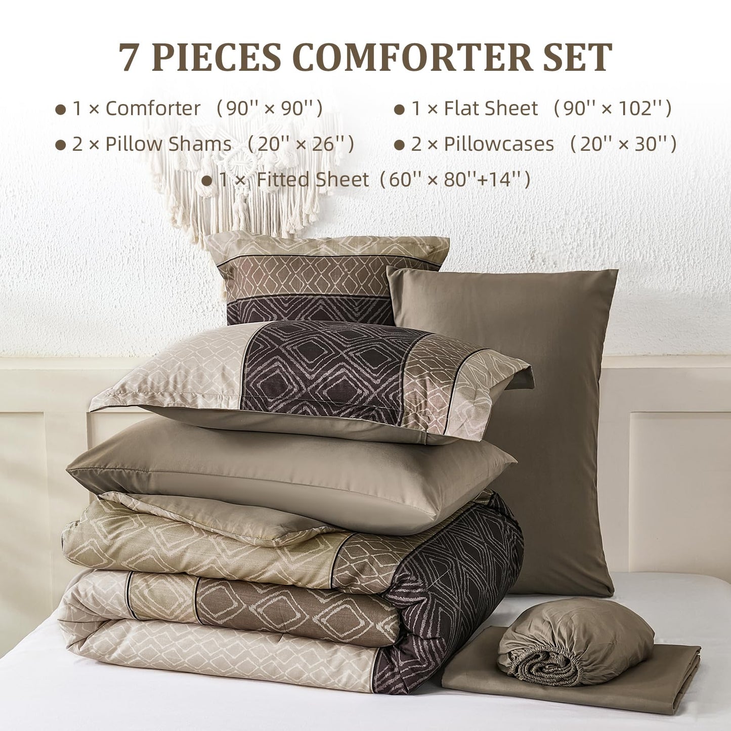 Dinjoy Boho Queen Comforter Set Light Brown,7 Piece Bed in a Bag Queen Size Lightweight Striped Bedding Sets with Plaid Comforters Bed Set with Sheets for Family All Season