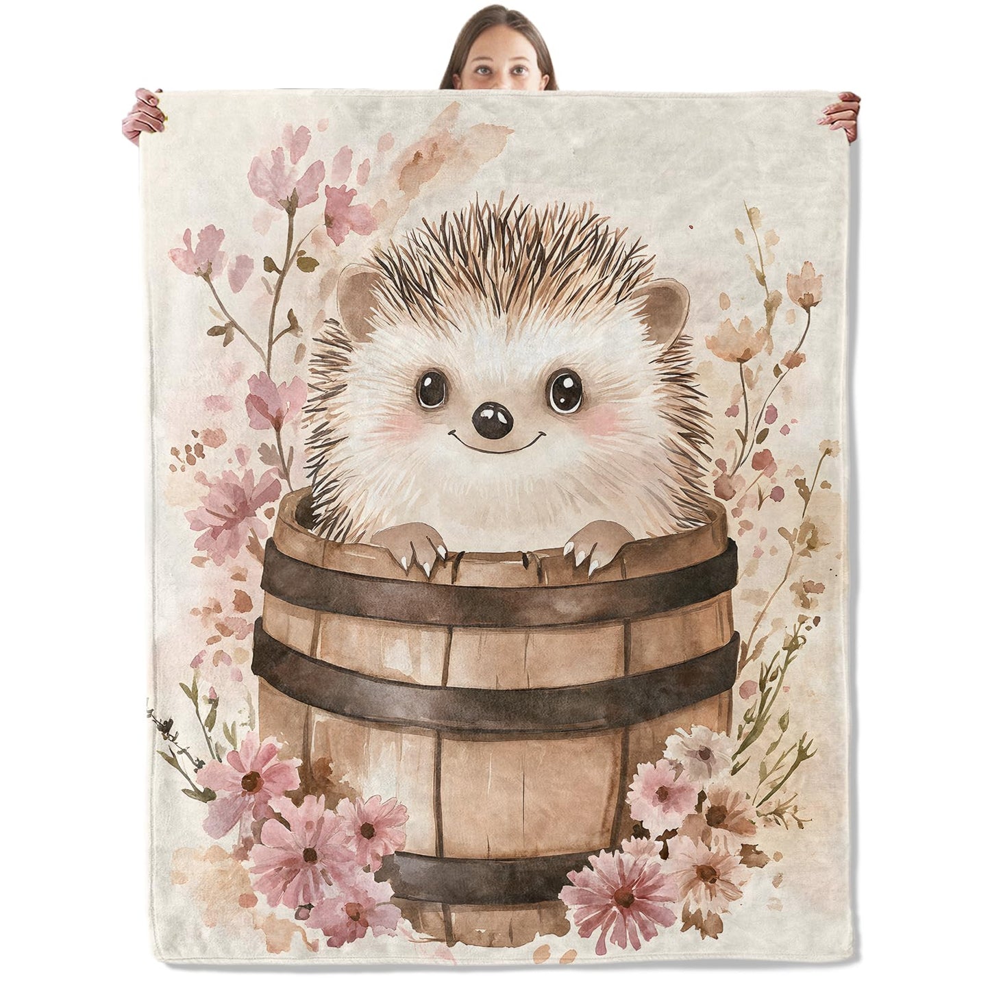xmwjfd Rustic Cute Hedgehog Blanket, Cozy Wooden Tub and Pink Flower Throw Blanket for Couch Bedroom Outdoor, Lightweight Soft Flannel Travel Blankets, Gifts for Women Girls Kids, Home Decor 50"×60"