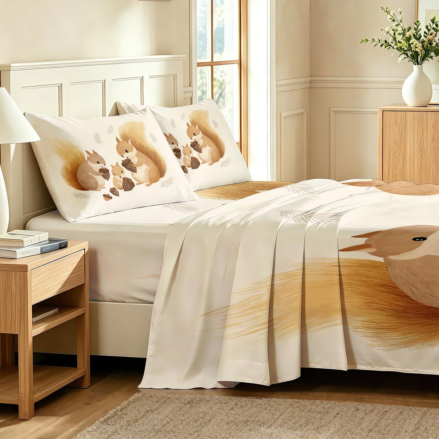 Squirrel Twin Bedding Set Cute Animal Sheet Sets, Beige Brown