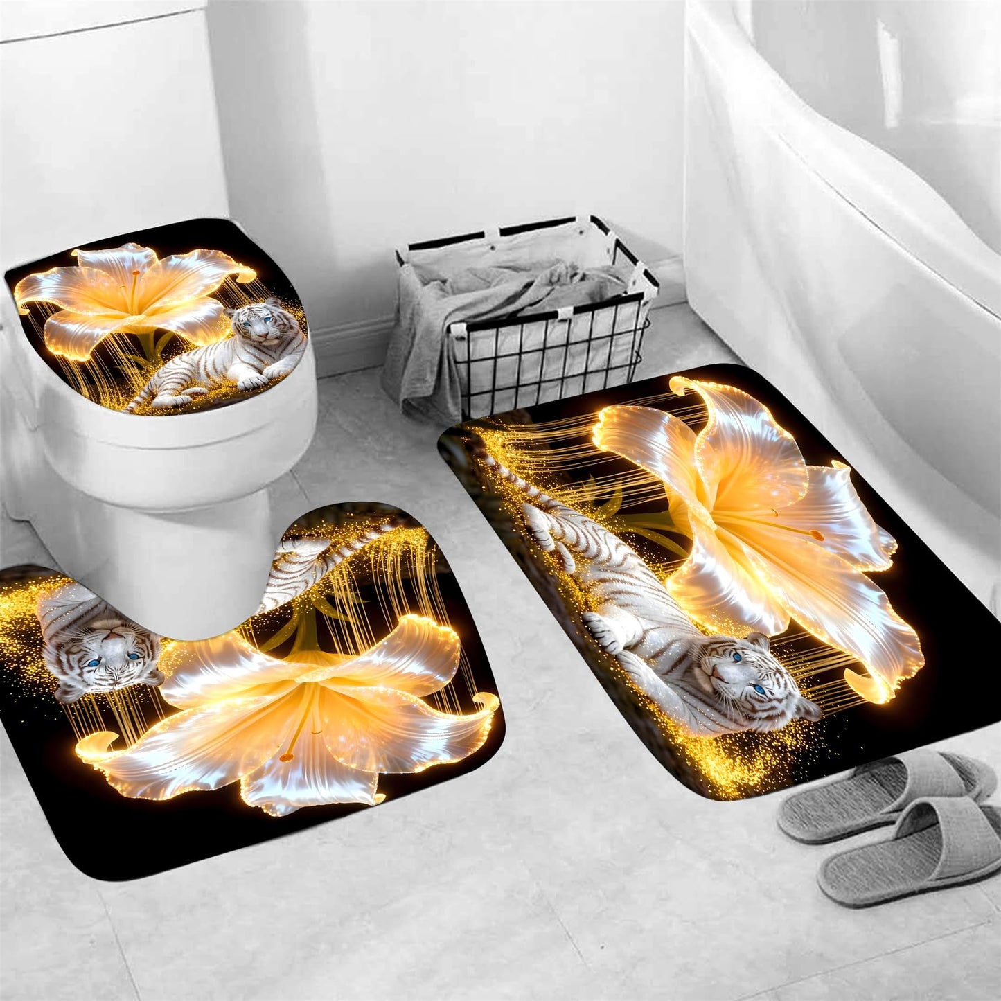 4 Piece Black and Gold Shower Curtain Set with Rugs, Majestic White Tiger & Glowing Golden Lily Floral Art, Luxury Waterproof Fabric Bathroom Decor, Non-Slip Bath Mats & Toilet Lid Cover