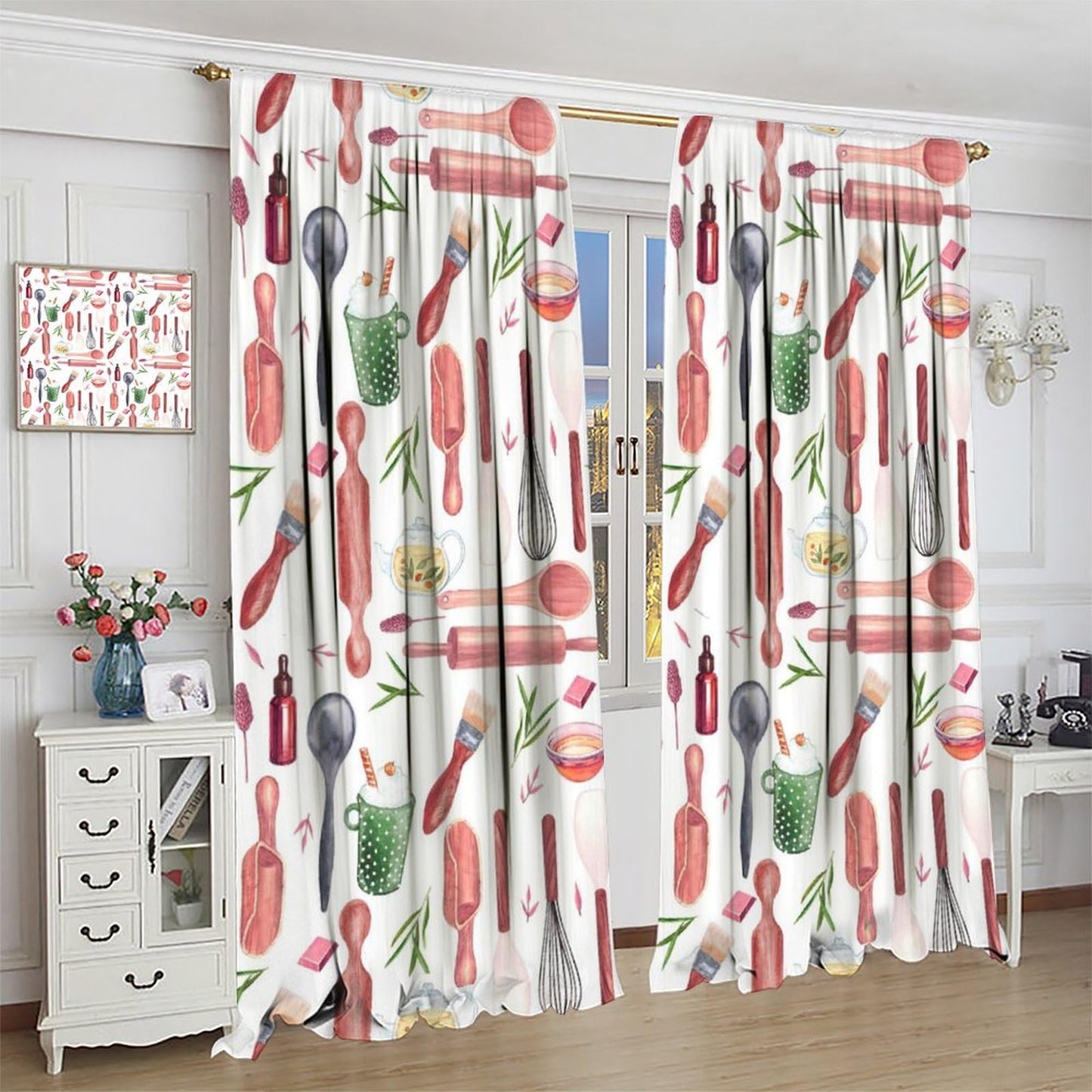 Brebasf Rustic Kitchen Chef Curtains - Abstract Modern Art Cooking Theme Kitchenware Print Window Treatment Room Darkening Blackout Curtains Thermal Insulated Rod Pocket Curtains 2 Panels 45"L x 21"W