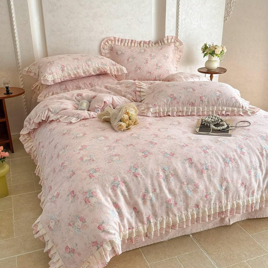 BuLuTu Farmhouse Pink Duvet Cover Set Queen Size, Romantic Princess Bedding Set with Vintage Floral Print & Lace Ruffled, 100% Cotton Muslin Girls Comforter Cover Queen with 2 Pillowcases