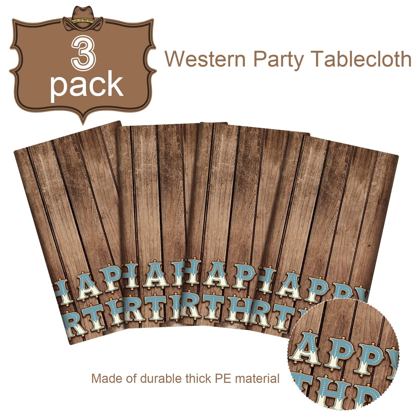 BBTO 3 Pieces Western Tablecloths Cowboy Party Decorations Birthday Table Cover Wild West Happy Birthday Tablecloth Plastic Western Table Cloths Party Decor, 54 x 108 Inches