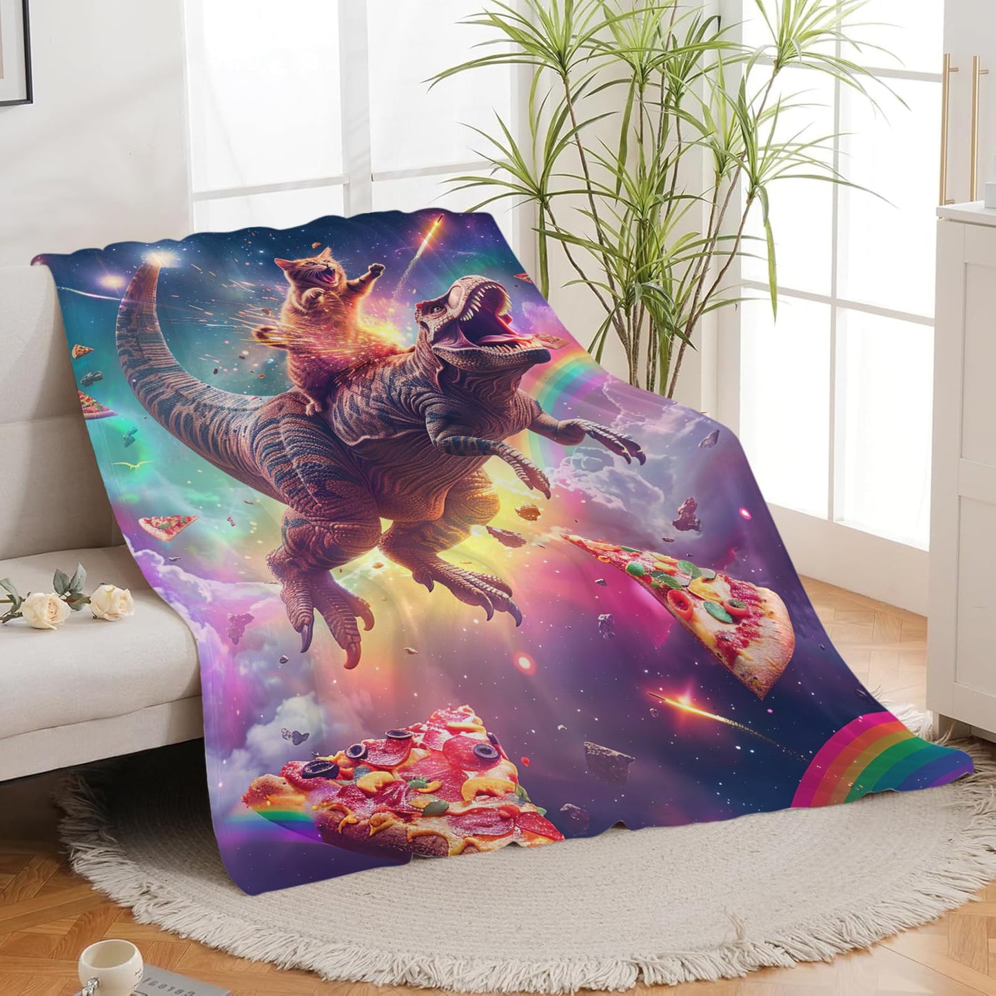 Cat and Dinosaur Blanket Rainbow Pizza Dino Cat Throw Blanket Gifts for Adults Men Women Boys Girls Kids Super Soft Cozy Plush Fluffy Fuzzy Fleece Blanket Decor 50''X60''