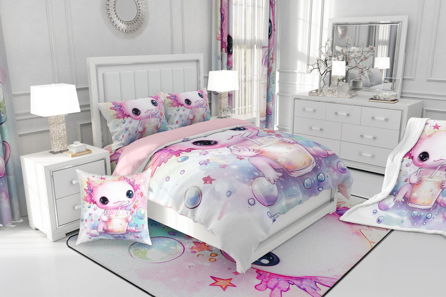 Feelyou Pink Cute Axolotl Comforter Set Twin Size Kids Cartoon Salamander Drink Bedding Set Boys Teens Kawaii Ocean Sealife Comforter Gift for Girls Women Duvet Set Bubble Quilt Set
