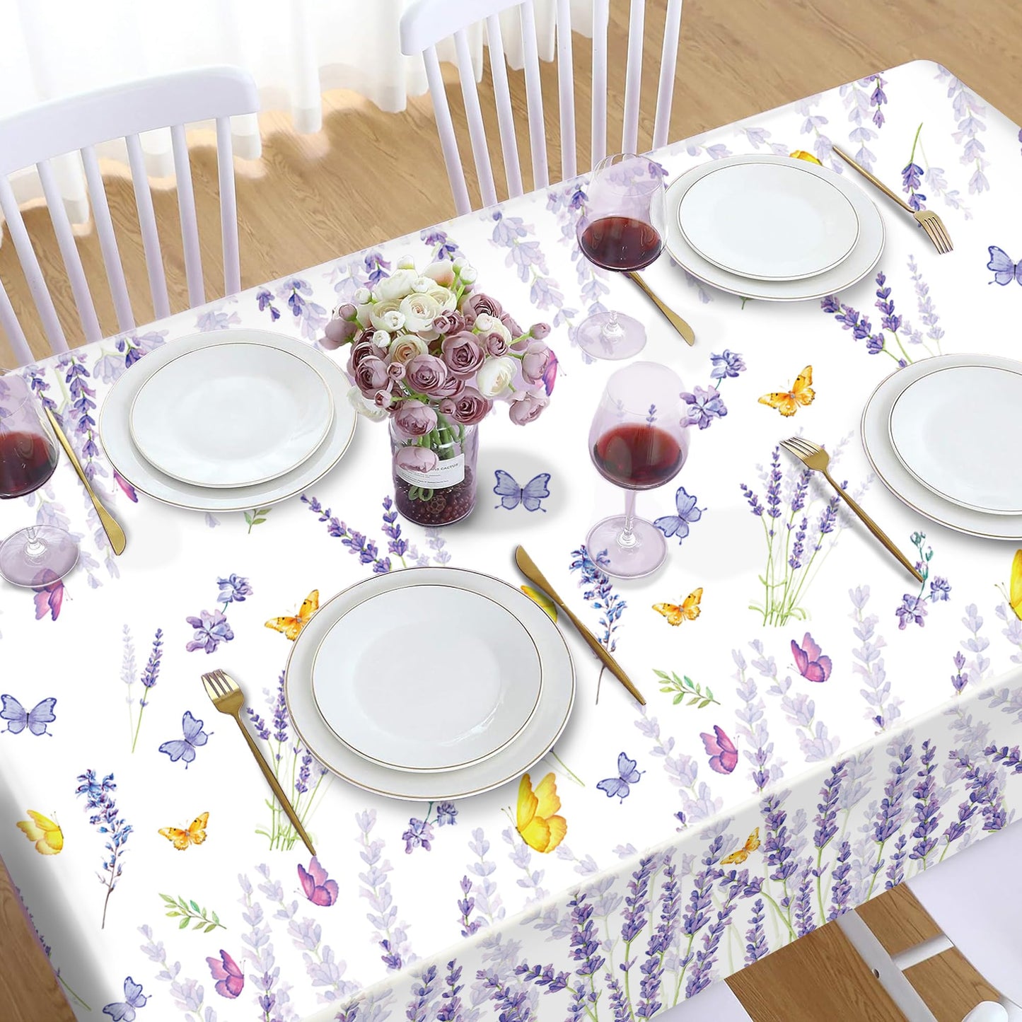 CC HOME 1Pc Purple Lavender Party Plastic Tablecloth 54 x 87 Inch Long Table Cover, Spring Butterfly Party Tablecover for Lavender Flower Kids Baby Shower Birthday Dinner Picnic Kitchen Event