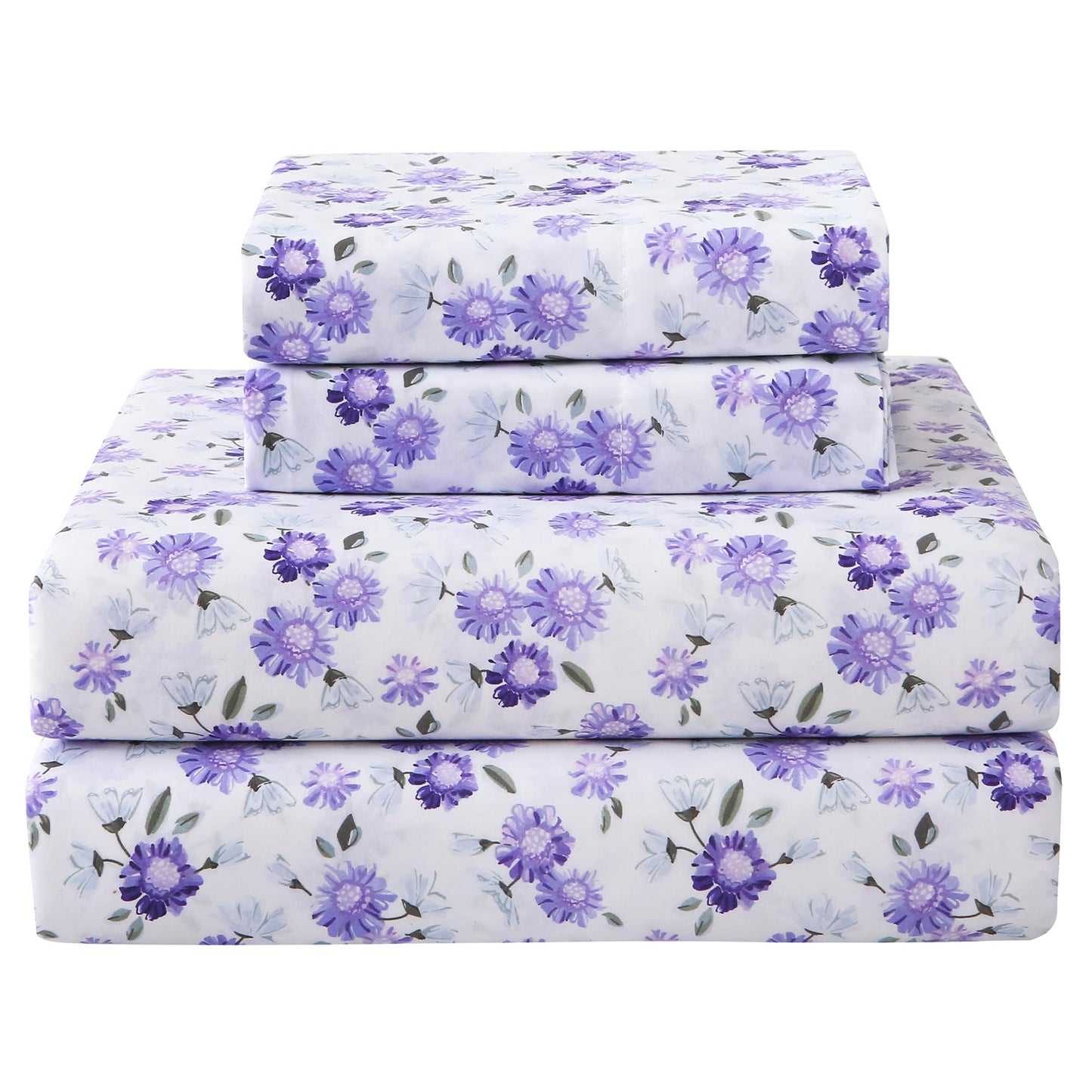 Softan Puple Floral Queen Sheet Set, 4-Piece Microfiber Printed Fitted Sheet with 15" Deep Pockets & Non-Slip Straps, White Flower Patterned Bedding Sheets & Pillowcase Set