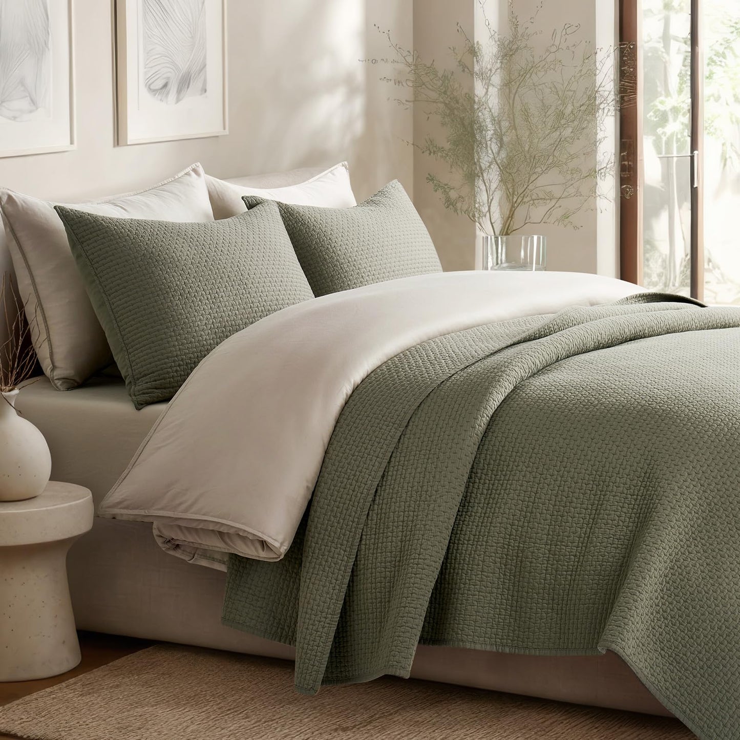 EVERGRACE Cotton Sateen Pick-Stitch Quilt Set King Size – 100% Cotton Coverlet Bedding, Pre-Washed Oversized Bedspread, Breathable All-Season Quilt Set with 2 Shams, Eucalyptus Green