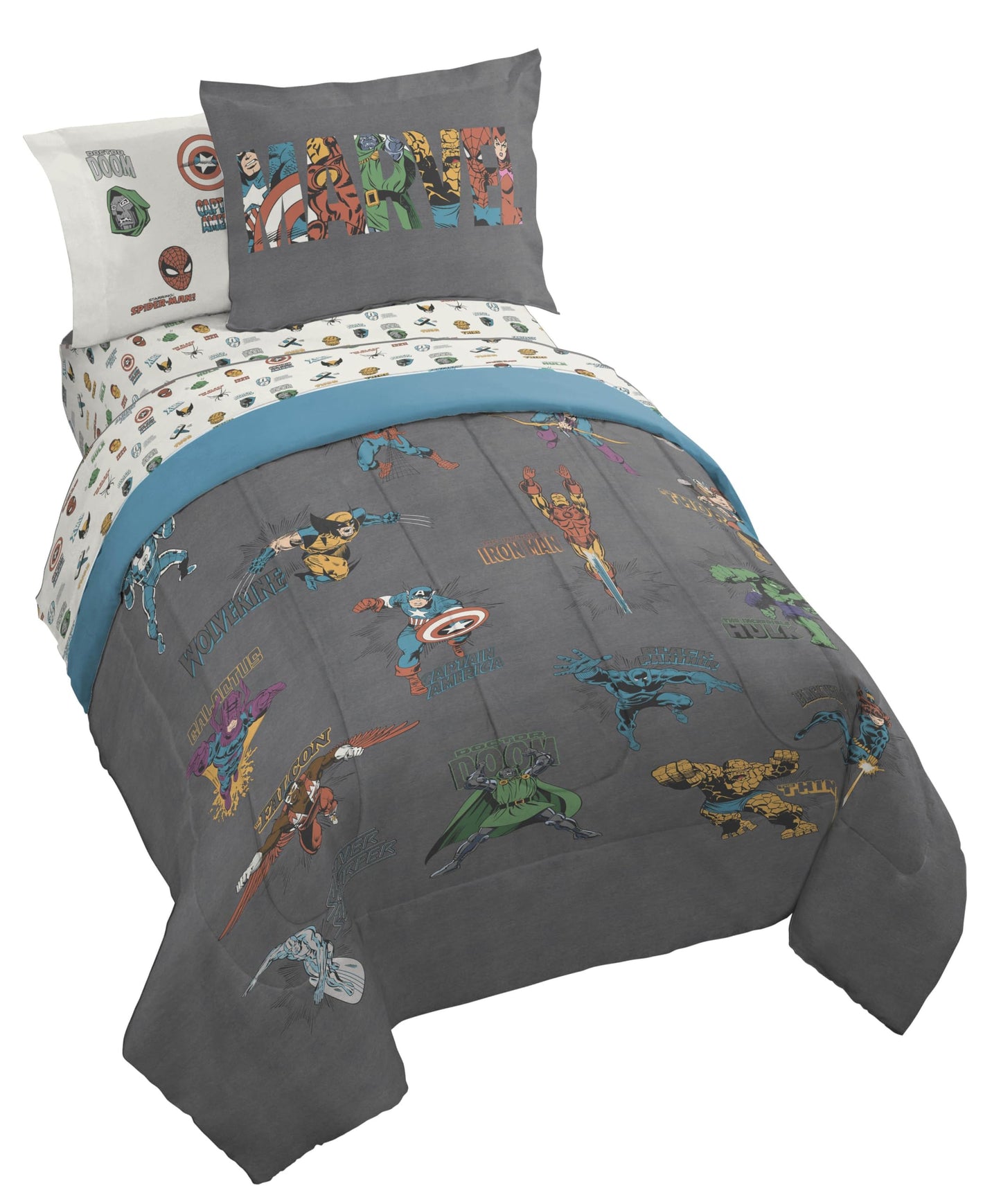 Jay Franco Kids Comforter Set Includes Sheets and Pillow Covers - Soft and Cozy Bed Set for Stylish Room Decor, Official Licensed Bedding, Gray - Marvel Comics, 7 Piece Full