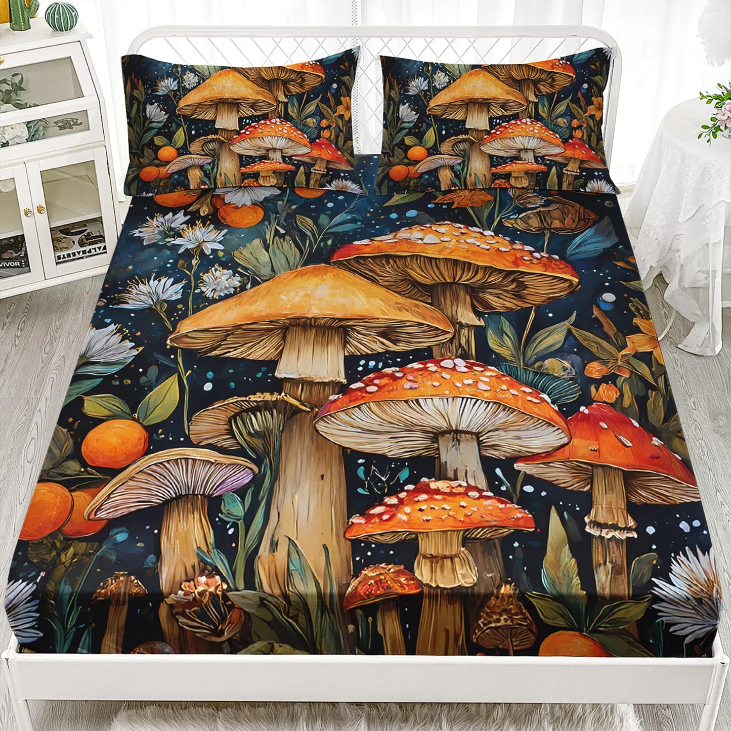 AILONEN Girls Cartoon Mushroom Fitted Sheet Set Twin Size - Nature Wild Fungus Fitted Sheet + 2 Pillowcases - Beautiful Mushroom Botanical Flowers Sheets Set 3-Piece