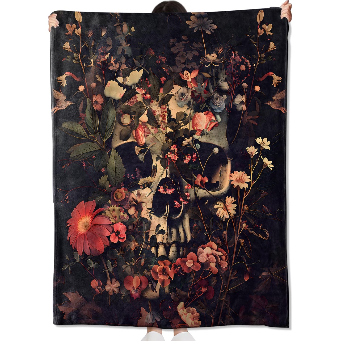 amepay Gothic Floral Skull Blanket Gifts for Kids Adult Women,Dark and Moody Goth Flannel Throw Blankets,Soft Comfy Lightweight for Halloween Couch Bed Artistic Modern Decor,Horror Lovers 60x50in