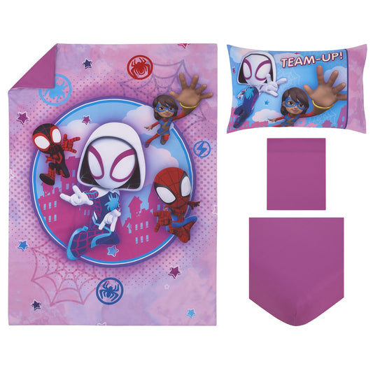NoJo Marvel Ghost Spider, Go Ghosty Purple, Pink, and Blue 4 Piece Toddler Bed Set - Comforter, Fitted Bottom Sheet, Flat Top Sheet, and Reversible Pillowcase
