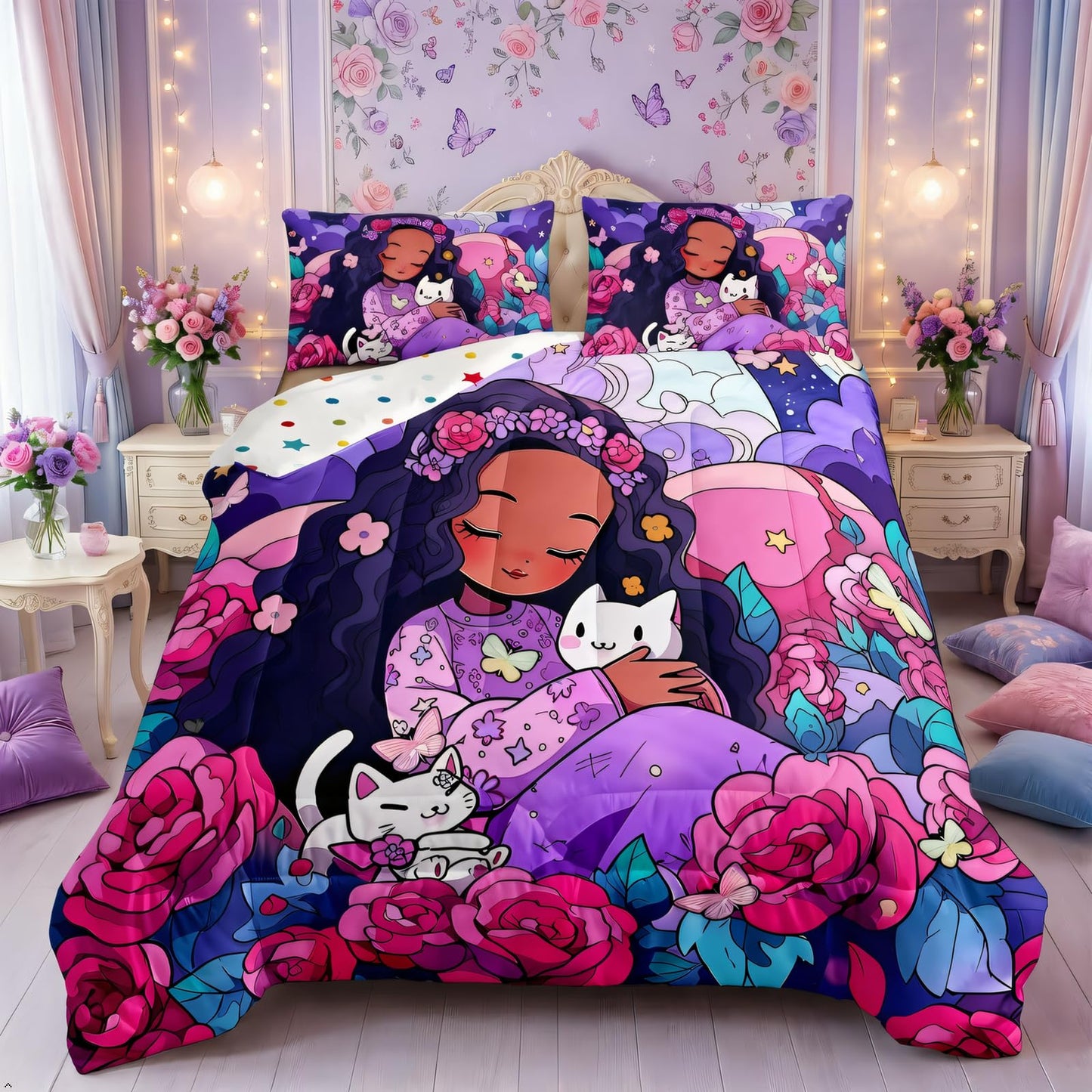 Erosebridal Black Girls Bedding Set Afro Girl Twin Comforter Set for Girls,Cat Flowers American African Princess Magical Quilt for Toddler Kids Teenager,Cute Room Decor