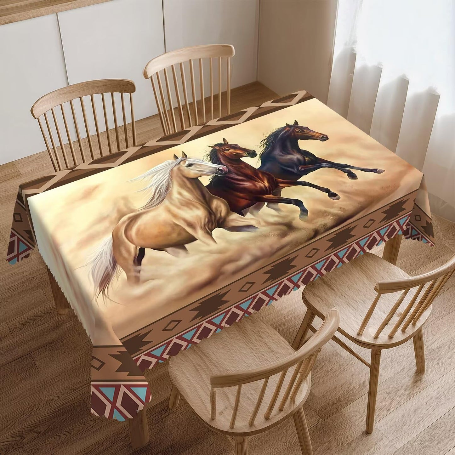 CEVIOLINRE Western Horse Table Clothes Azetc Boho Ethnic Style Tablecloth Polyester Native American Brown Horse Table Cover for Rectangle Table Party Picnic Dinner Decor 54X72inches