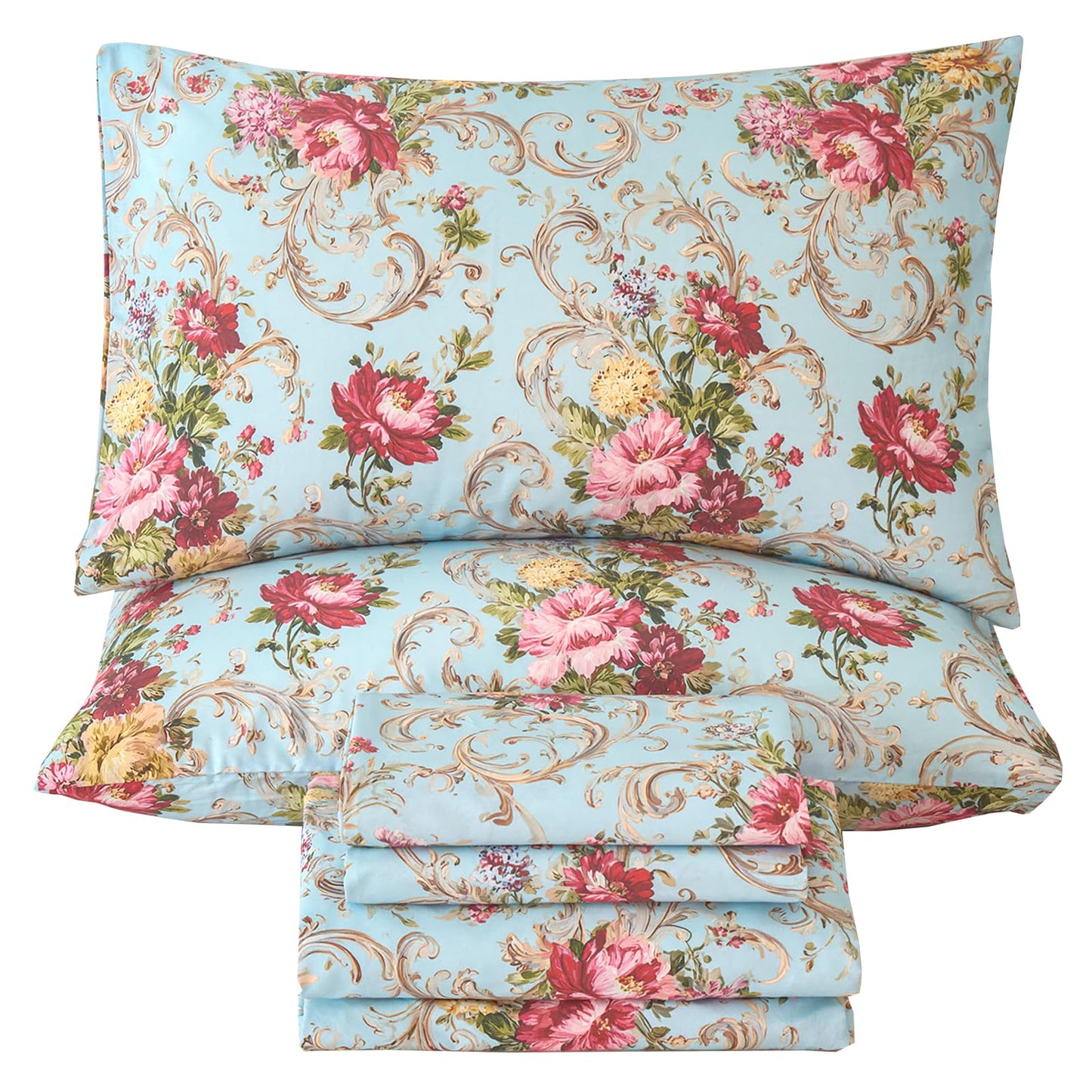 Zusbest Queen Sheet Set Blue Red Floral Bed Sheets 100% Cotton, Luxury Premium Bedding Breathable for Hot Sleepers American Country Style Shabby Vintage Flower Deep Pocket Bed Set 17.5‘’ 4Pcs