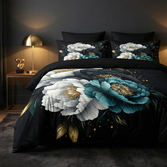 CCoutueChen Kids Twin Size Vintage Floral Comforter Set, 2 Pcs Teal and White Botanical Flowers Soft Bedding, Warm Microfiber Luxury Gold Accent Bed Set with 1 Pillowcase, 68"x86"