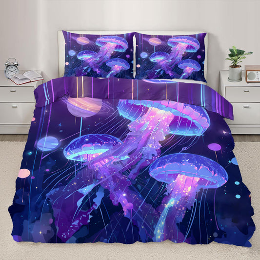 Jellyfish Duvet Cover Set King Size Lightweight for Kids Girls Boys, Ocean Aquatic Animal Jellyfish Bedding Set 3 Pieces with Zipper Closure, Sea Underwater World Comforter Cover with 2 Pillowcases