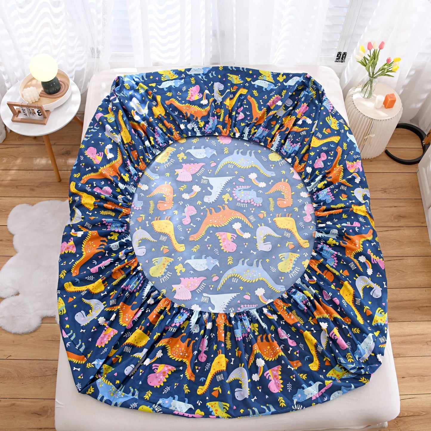 NATURETY Bedding Fitted Sheet with Deep Pocket for Boys Girls Twin Bed,Dino Printed Thicken Fabric Bed Sheets (Navy Blue(Dinosaur), Twin)
