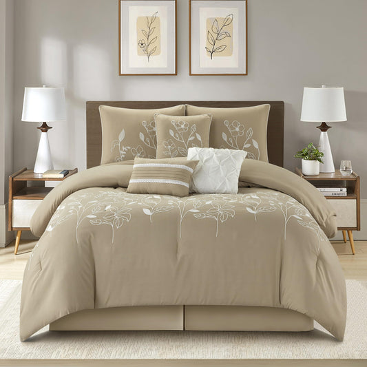 Grand Avenue 7 Piece Taupe Comforter Set, King Size Chain Stiching Embroidery Bedding, All Season Floral Leaves Bedding Set, Bed Skirt, Pillows & Shams