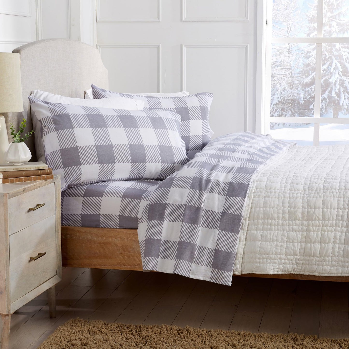 Market & Place 100% Turkish Cotton Flannel Sheet Set | 4 Piece Deep Pocket Novelty Cozy Winter Bed Sheets | Double Brushed for Extra Softness & Comfort | Queen, Buffalo Check Grey
