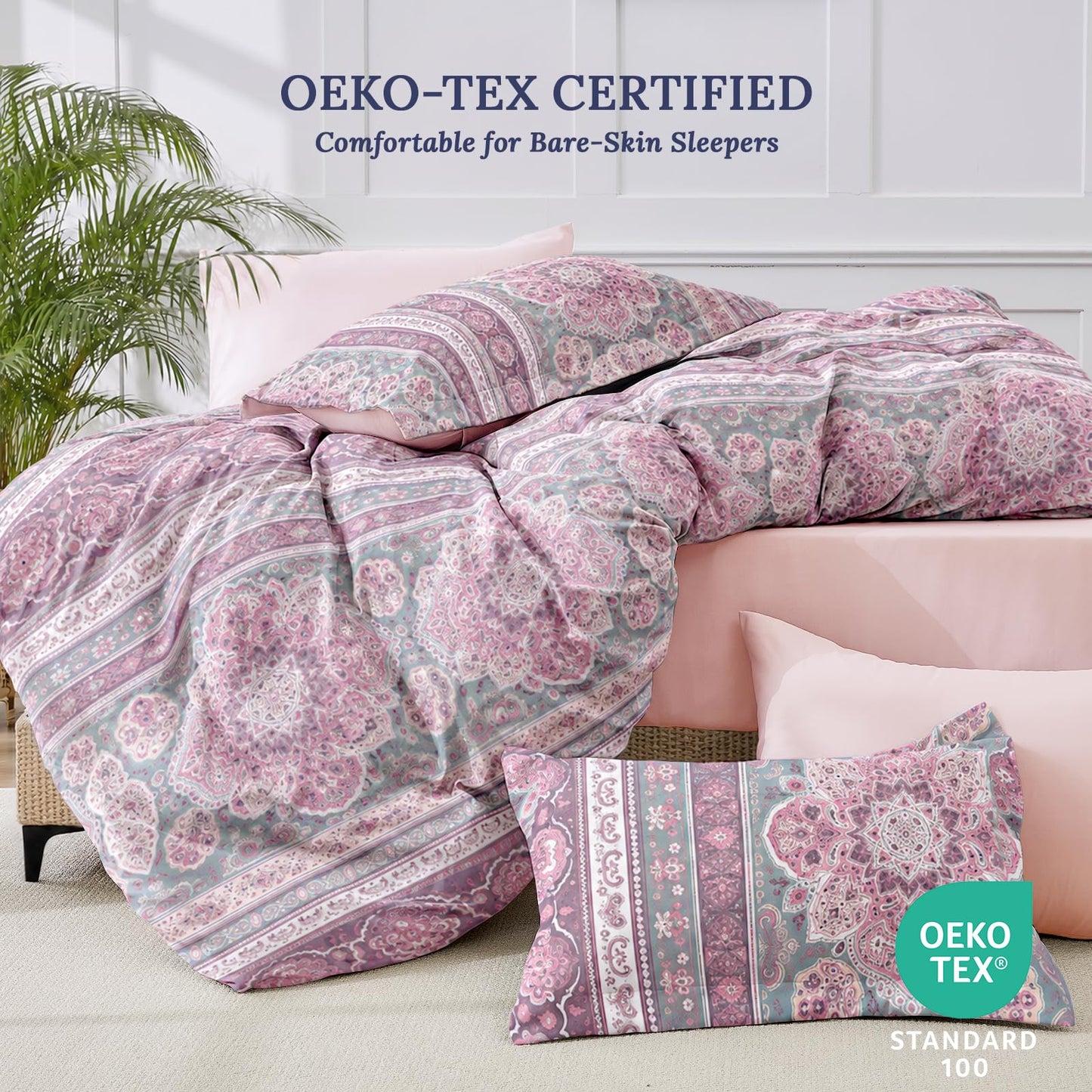 JOLLYVOGUE Queen Comforter Set 7-Piece, Bohemian Bed in a Bag, Sakura Pink