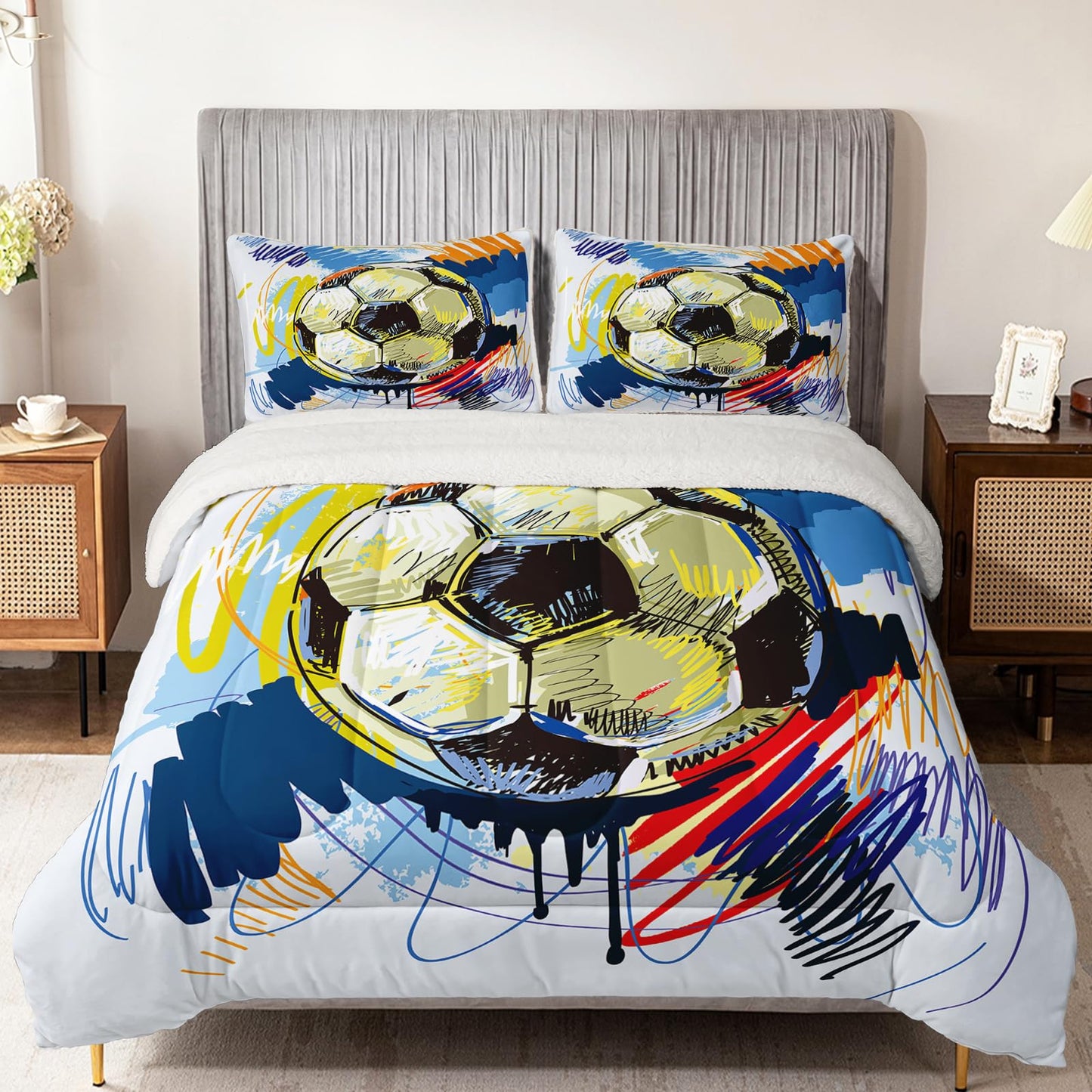 QOOMO Soccer Sherpa Fleece Comforter Set Boys Sports Bedding Set King Size for Kids Teens Hand Drawn Football Graffiti Style Design 3 Piece with 1 Comforter 2 Pillowcases
