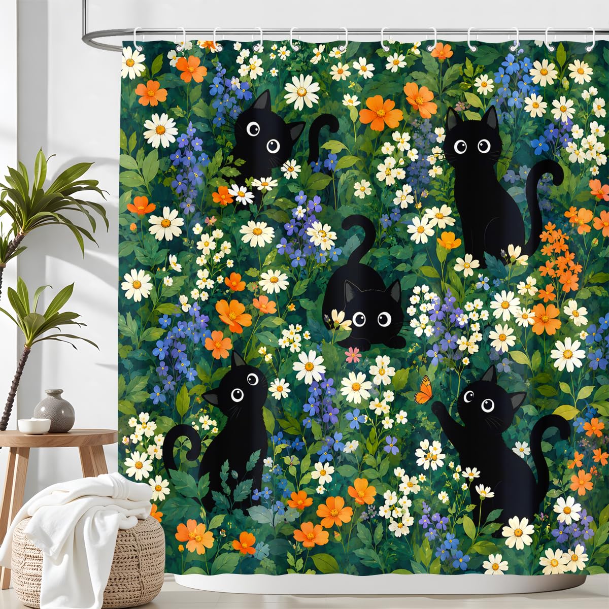 BIYSUC Cute Cat Shower Curtain Funny Boho Floral Daisy Flower Fun Kitten Animal Wildflower Farmhouse Bathroom Waterproof Polyester Fabric 72Lx72W Inch with Hooks