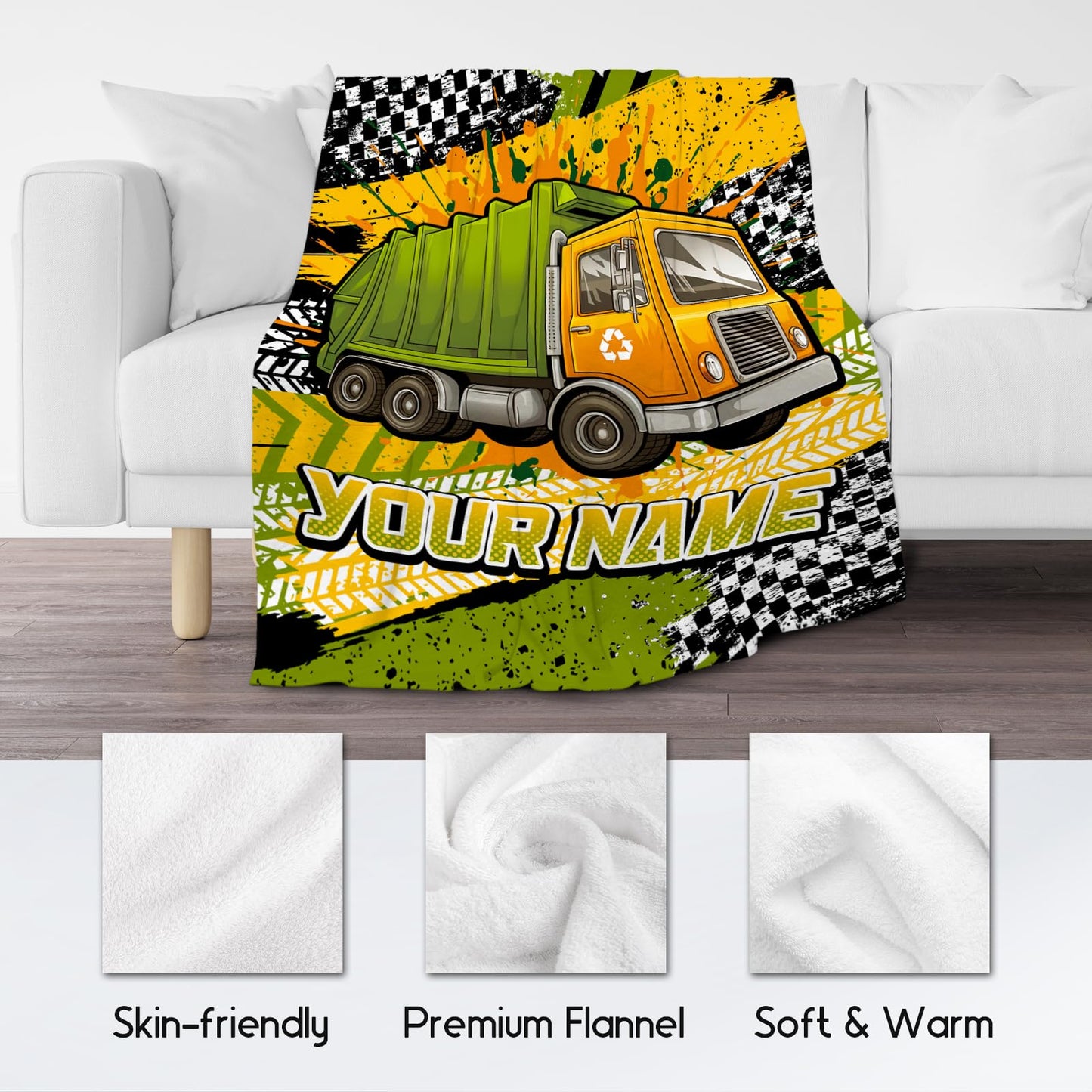 AIOMXZZ Kids Throw Blanket, Custom Garbage Truck Blankets with Name, Cozy Fleece Throws Gifts for Boys Toddler, 4 Size