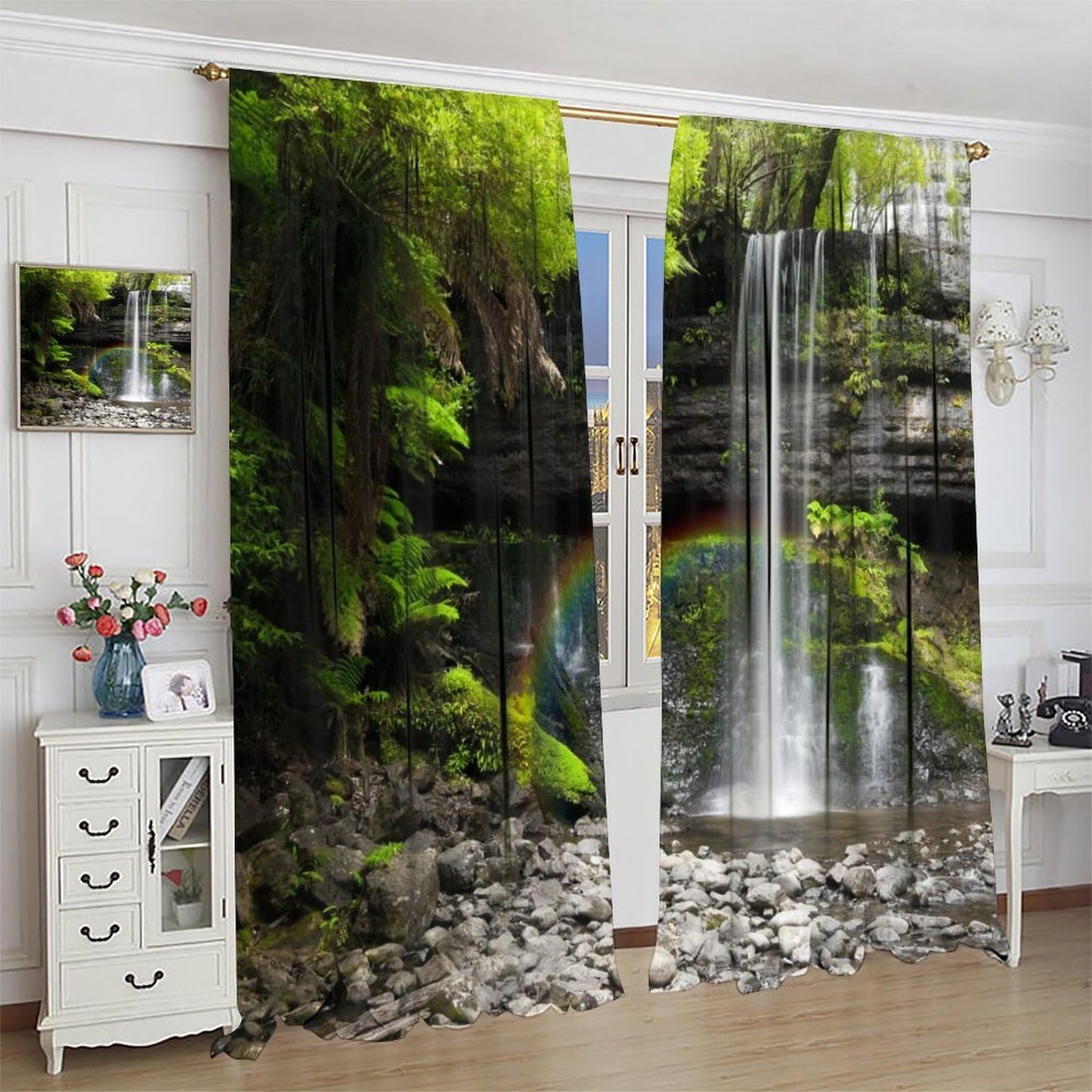Natural Landscape Waterfall Blackout Curtains, Forest Falls Spring Natural Scenery Green Plant Tree Leaf Rod Pocket Window Drapes, for Bedroom Living Room 42" W X 45" L