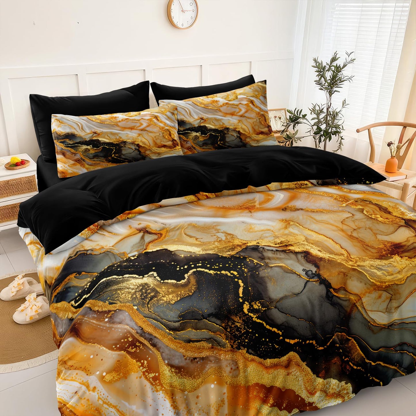 Bedorm Marble Comforter Set Queen Black Gold Bedding Black and White Marble Stone Texture Abstract Bedroom Comforter Super Soft Cozy Marble Bed Set 4 Pcs