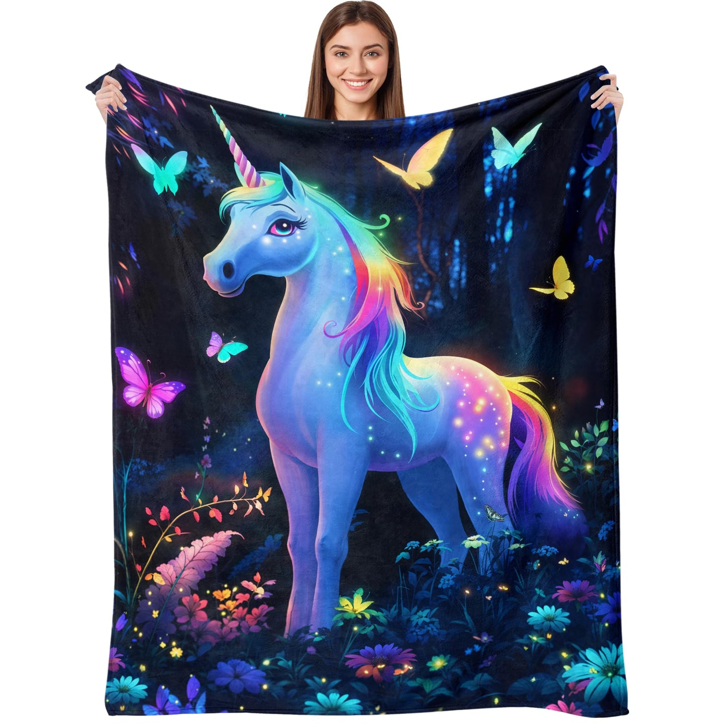 kampdream Unicorn Flannel Blanket, Enchanted Forest Dream with Rainbow Mane and Tail Butterfly Surrounded Super Soft and Warm for Couch Sofa Living Room Ideal Gift for Girls Teens 50×60 inch