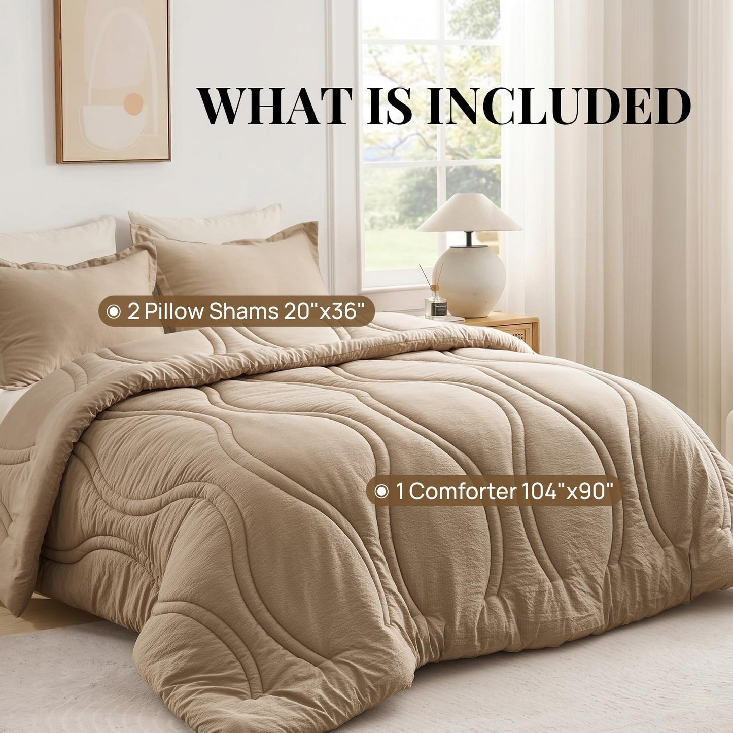 King Size Comforter Set 3 Pieces: Taupe Quilted 104"X90" Comforter With Vase Striped Pattern Design- Modern Dark Khaki Cozy Fluffy Soft All Seasons Jacquard Bed Set with 2 Pillow Shams for Bedroom