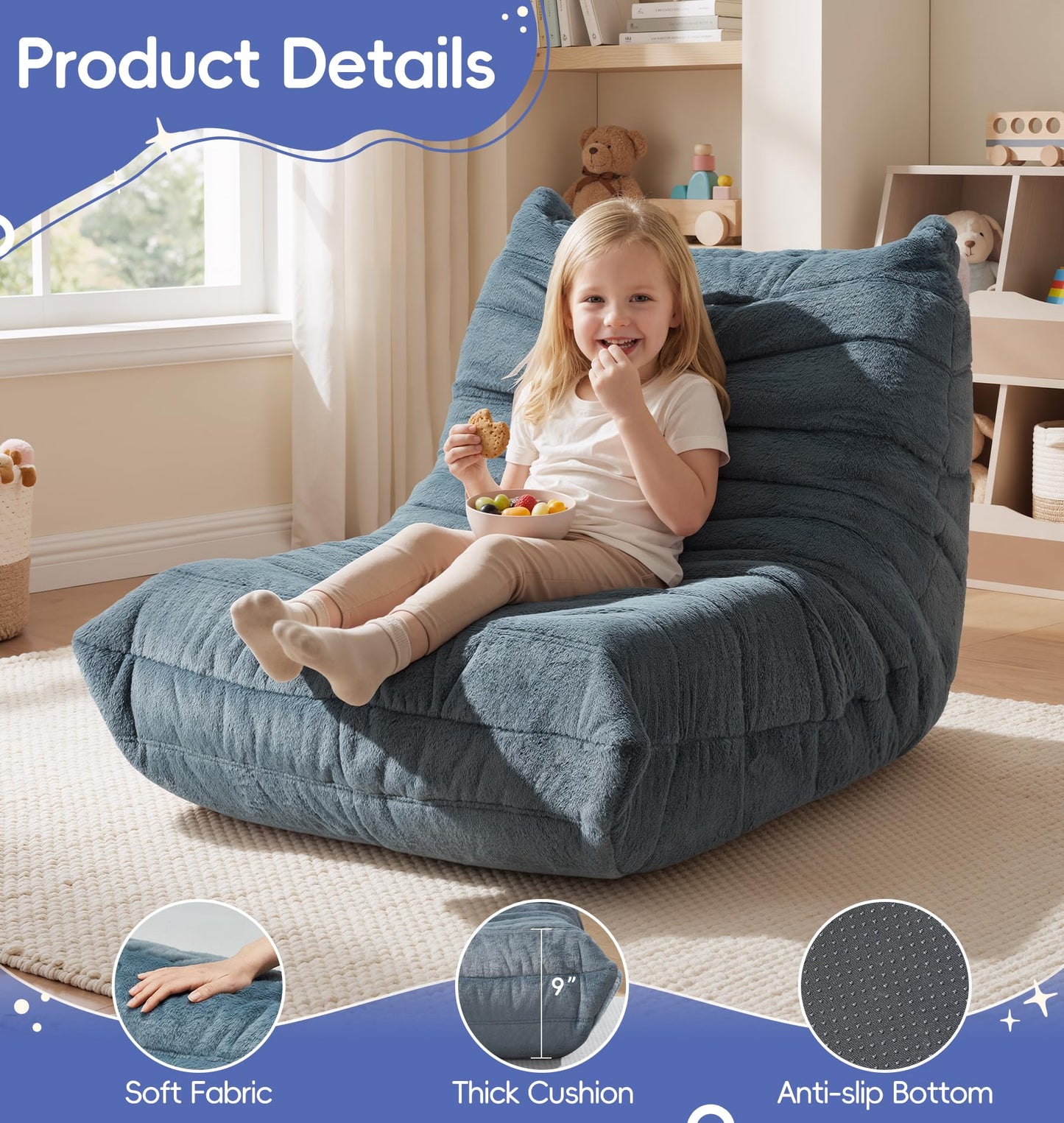 Hobestluk Bean Bag Chair for Kids Toddler Bean Bag Chair with Memory Foam Filler Beanbag with Spacious Design Bean Bag Couch for Reading Gaming Relaxing (Blue Grey, Small)