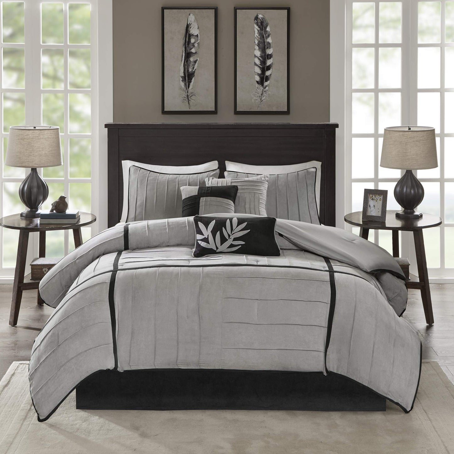 Madison Park Cozy Comforter Set Casual Blocks Design All Season, Matching Bed Skirt, Decorative Pillows, Queen(90"x90"), Dune Suede, Black Grey, 7 Piece