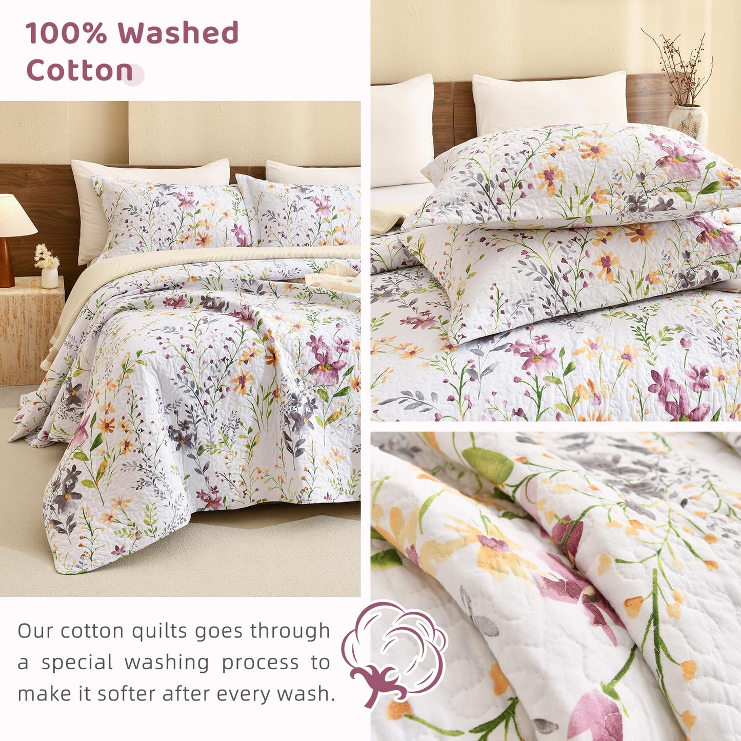 Sanracie 100% Cotton Quilt Queen Size(90"x98")-Floral Quilted Bedspreads Set,3pcs Yellow Wild Flower Botanical Printed Pattern Quilt Bedding Coverlet Summer Soft Lightweight Aesthetic Bedding