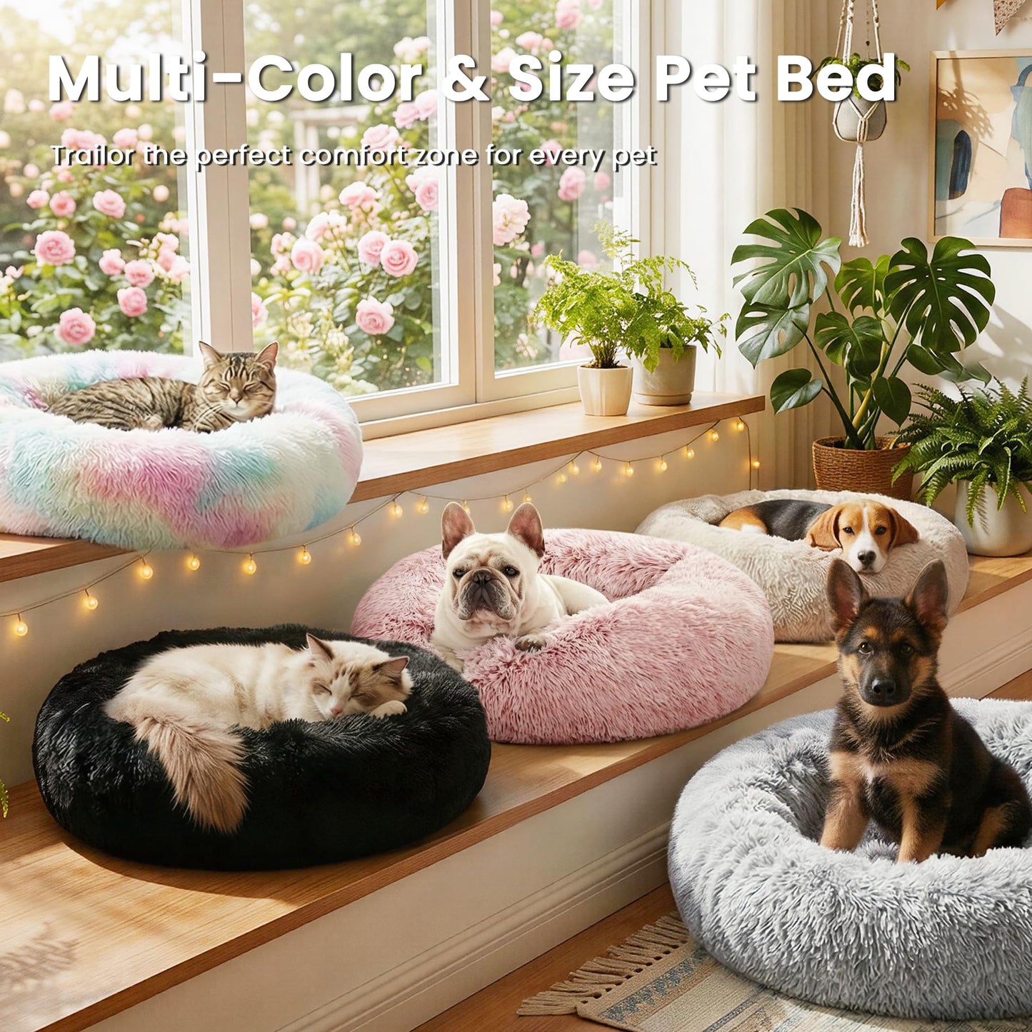 Love's cabin Calming Cat Bed for Indoor Cats, Anti-Anxiety Donut Round Dog Bed, Fluffy Faux Fur Washable Pet Bed for Small Medium Dogs and Cats, Grey, 20in