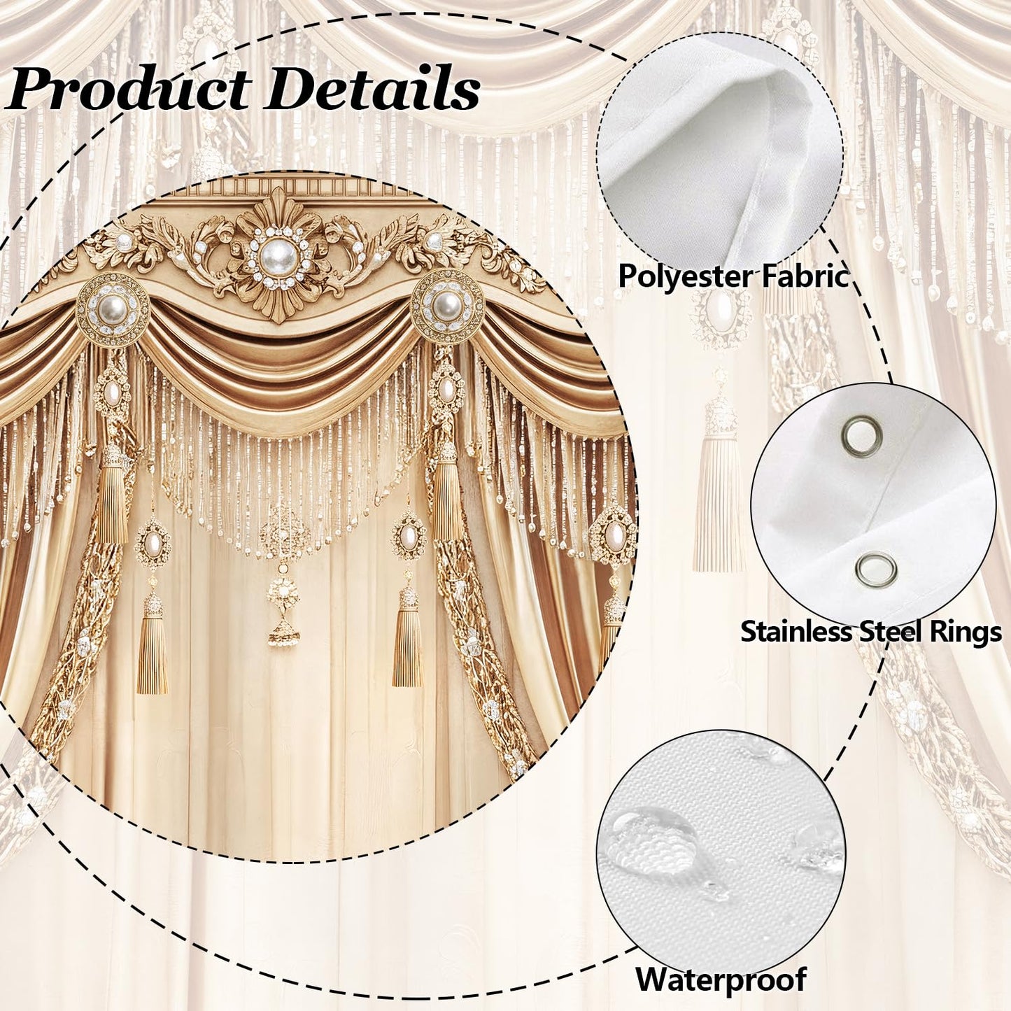 Brystan Gold Luxury Shower Curtain, Elegant Funky Champagne Modern European Style Shower Curtains Set, Vintage Ornate Aesthetic Shower Curtains for Bathroom Polyester Fabric with Hooks 72X72IN